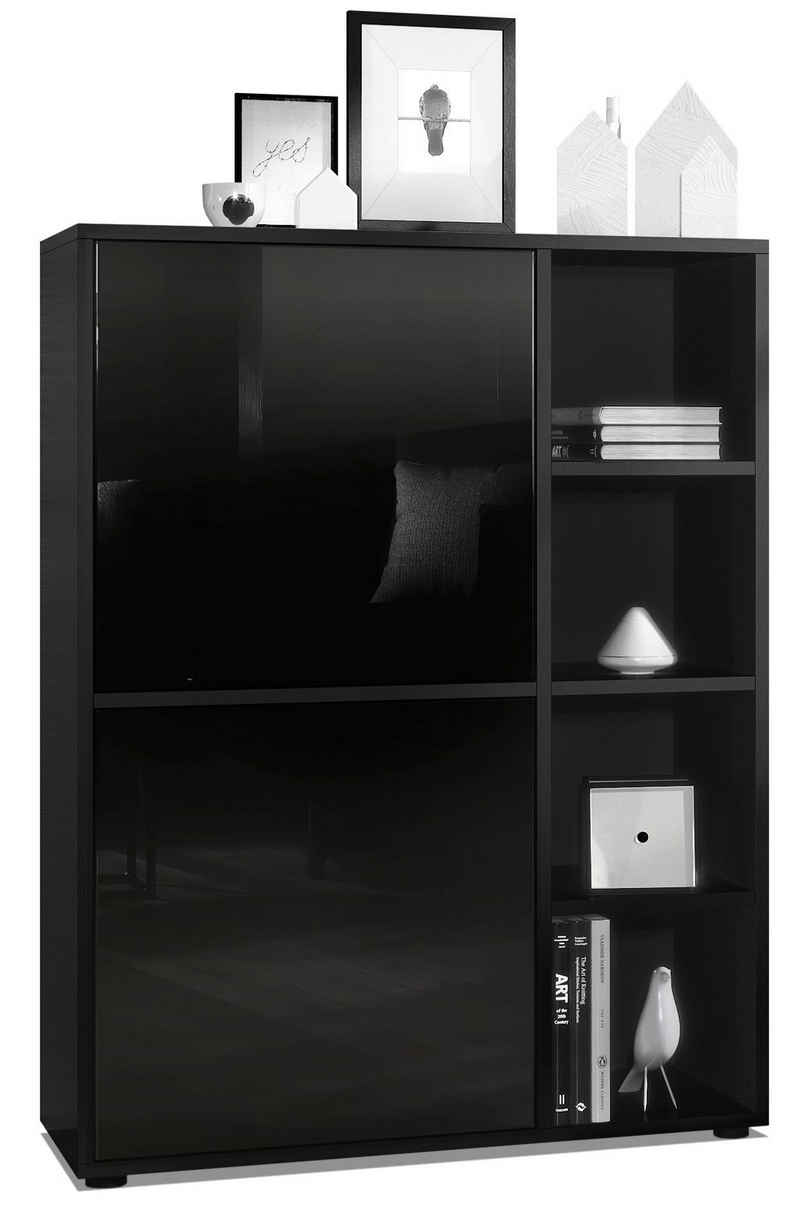 Vladon Highboard Cuba (Anrichte, mit 2 Türen und 4 offene Fächer), Schwarz matt/Schwarz Hochglanz (79 x 105,5 x 35,5 cm)