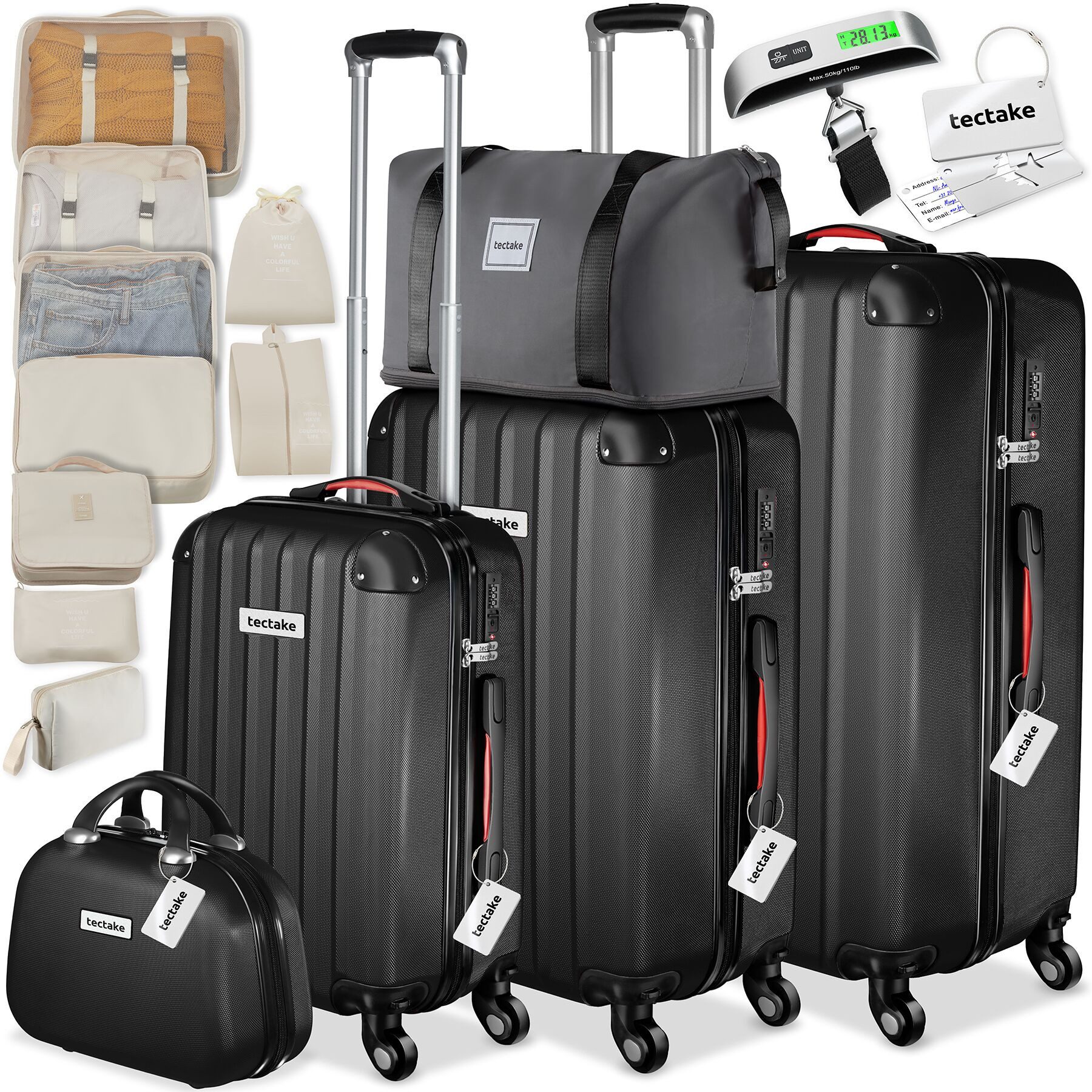 tectake Trolley Hartschalenkoffer-Set 19-teilig aus ABS-Kunststoff, Kofferwaage, 4 Rollen, TSA-Schloss, 360° drehbare, abnehmbare Rollen, mit Packwürfelset