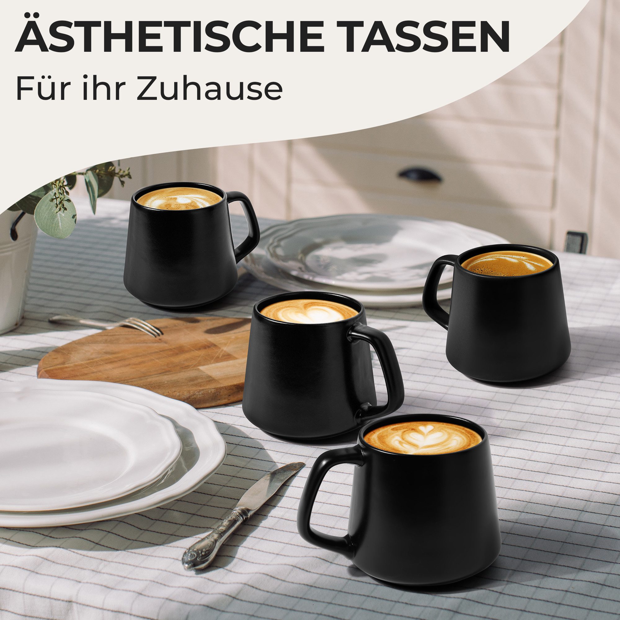 MiaMio Tasse Luxe Kaffeebecher 420 ml Schwarz, 4-tlg., Keramik