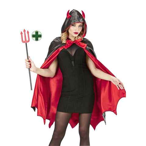 Karneval-Klamotten Teufel-Kostüm Umhang Damen Kapuze Teufelshörner Teufelsgabel, Halloween Teufelscape Damenkostüm mit Teufelsdreizack