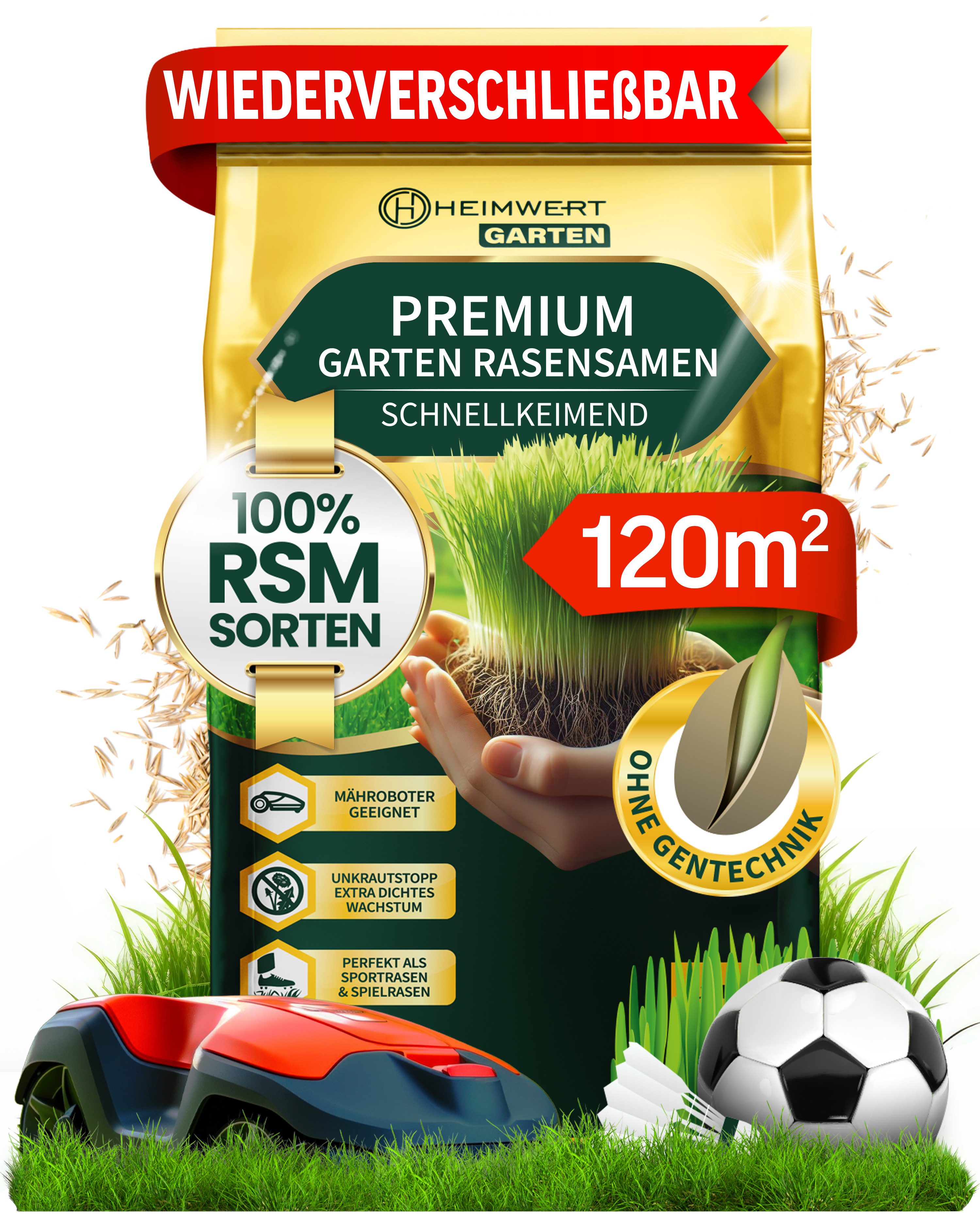 HEIMWERT Rasensamen schnellkeimend Sommer Turbo - Premium Grassamen 1/3/5/10 kg, 3 kg, Sport und Spiel aus hochwertigster Gräser Mischung