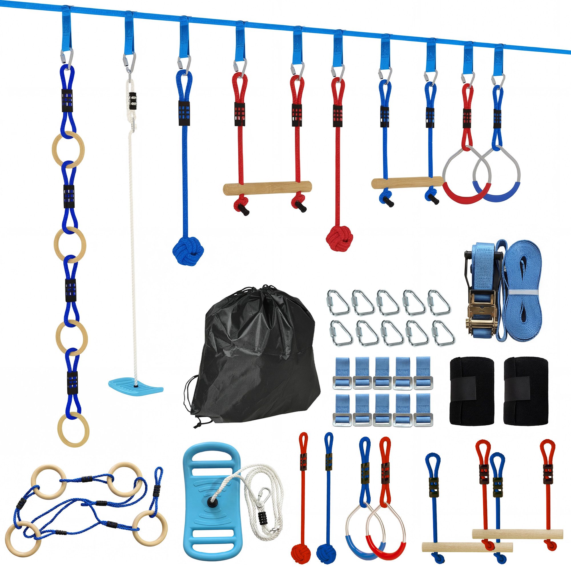 AIYAPLAY Slackline 9-teiliges Slackline-Set mit 2 Turnringe, Schaukel, 2 Kletterstange, für 3-8 Jahre Kinder, Mehrfarbig