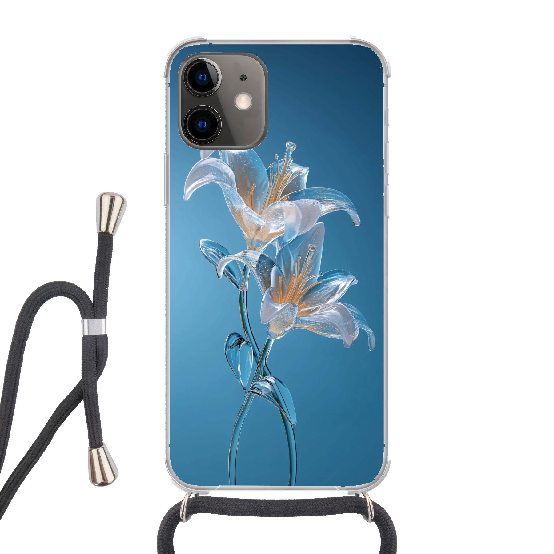 MuchoWow Handyhülle für Apple iPhone 11 Lilien - Blau - Gläser, Tragbare Handyhüllen mit Kette zum umhängen, Handykette Handyband
