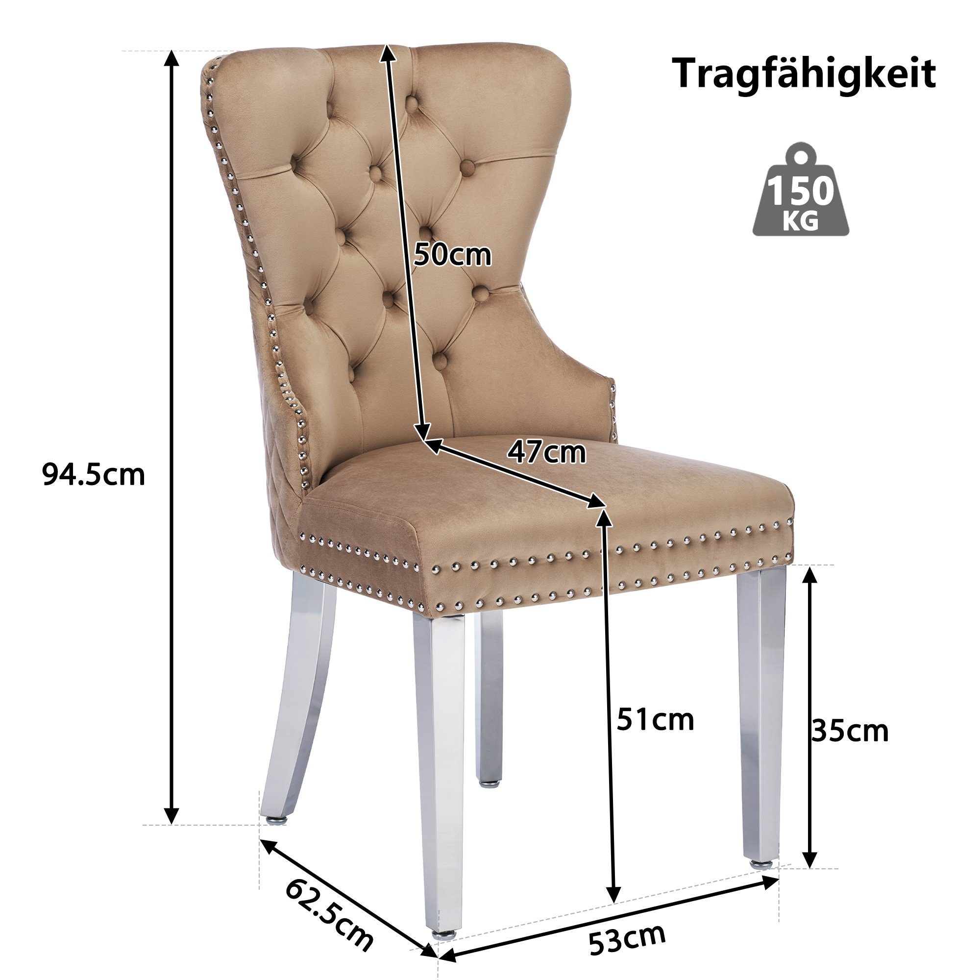 aus (2 St), 2er Braun Flieks Esszimmerstuhl Küchenstühle, Set Polsterstuhl Edelstahl Wohnzimmerstuhl Beine