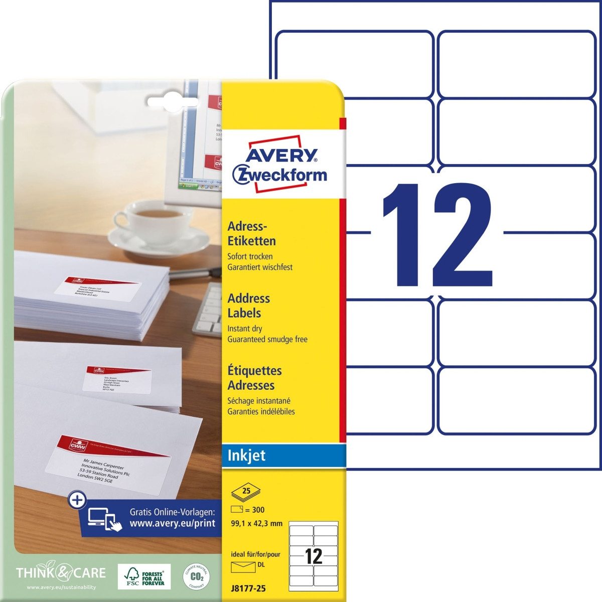 Avery Zweckform Etiketten Etiketten InkJet spezialbeschichtet 99x42mm VE=300 Stück weiß