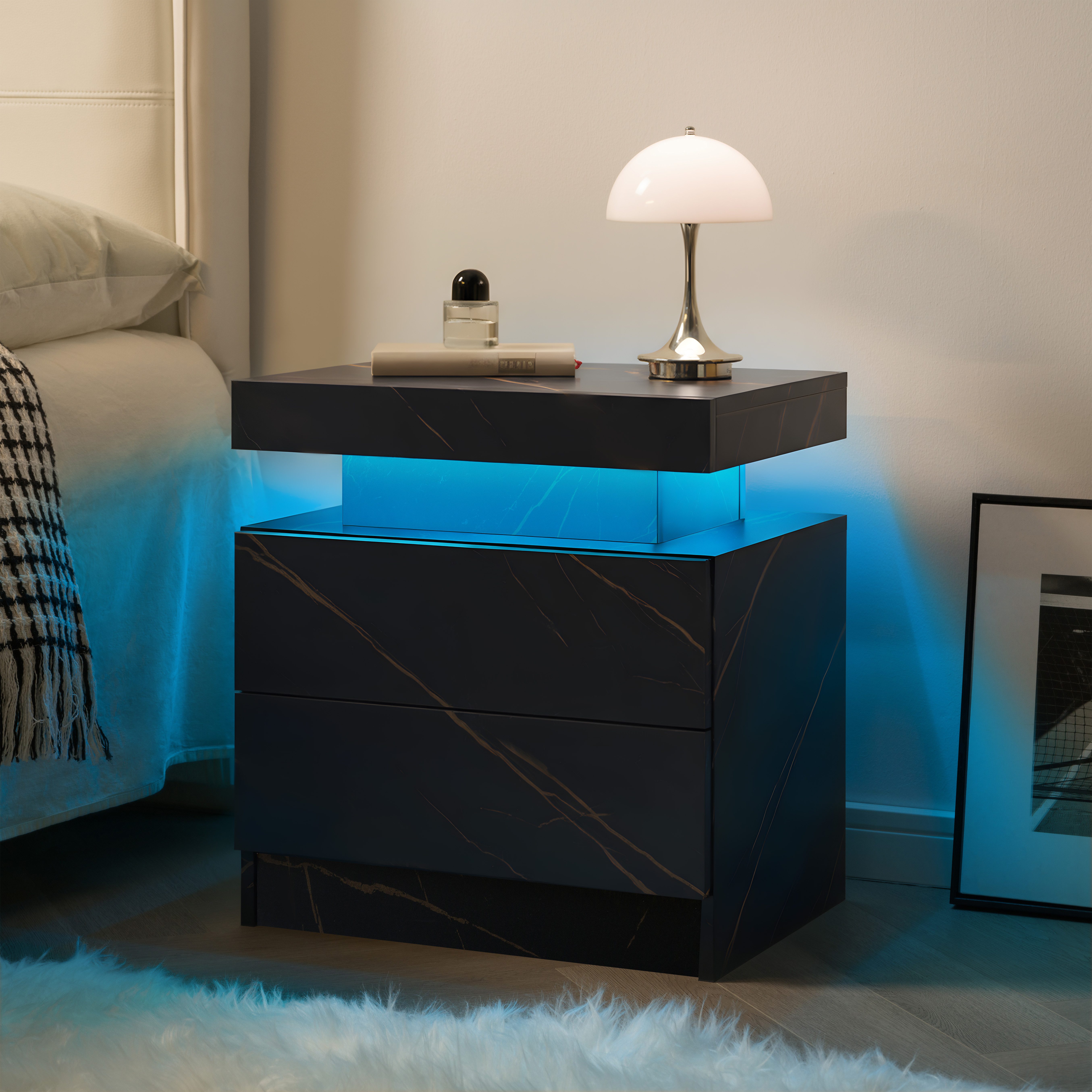 REDOM Nachttisch Nightstand Kommode Beistelltisch Nachtkonsole (LED Nachttisch mit 2 Schubladen, einstellbare multicolor LED-Beleuchtung und großer Stauraum, mit einstellbarem LED-Licht, großem Stauraum und stilvollem Design)