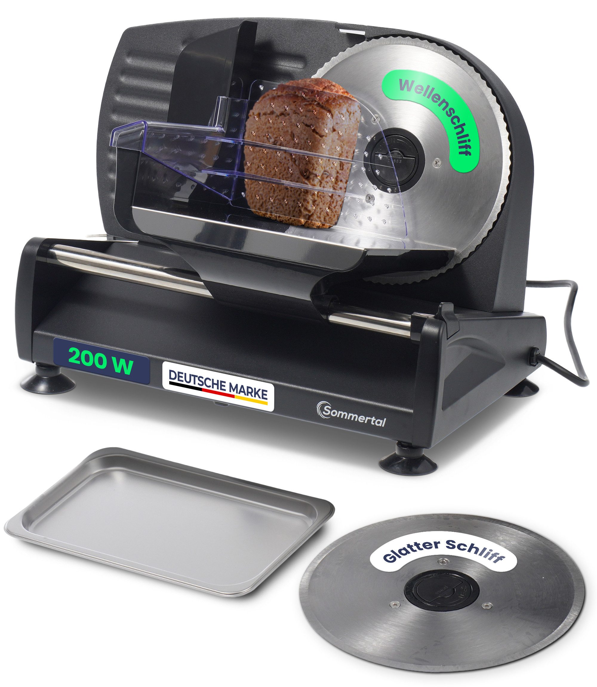 Sommertal Allesschneider AS190 DUAL 200 W Edelstahlmesser mit Wellenschliff und, 200 W, glatten Schliff, elektrische Schneidemaschine Brotschneidemaschine