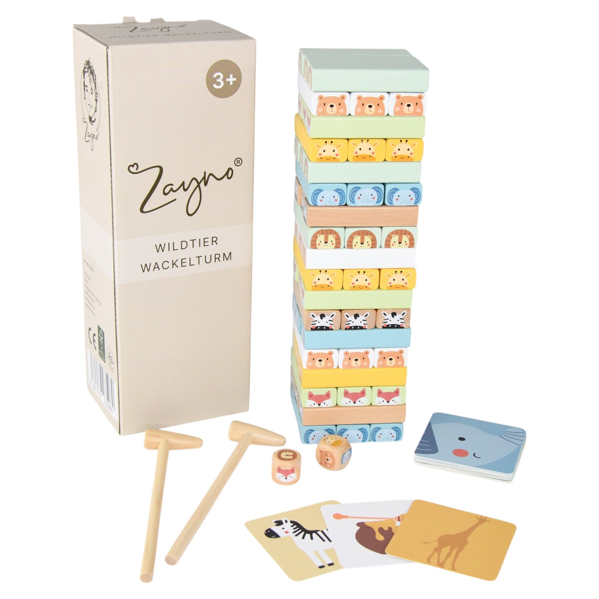 Zayno Greifspielzeug Stapelspiel "Wildtier Wackelturm" (Packung, 1-tlg., Beflügelt die Fantasie deines Kindes), 4-in-1 Spielspaß für die ganze Familie.