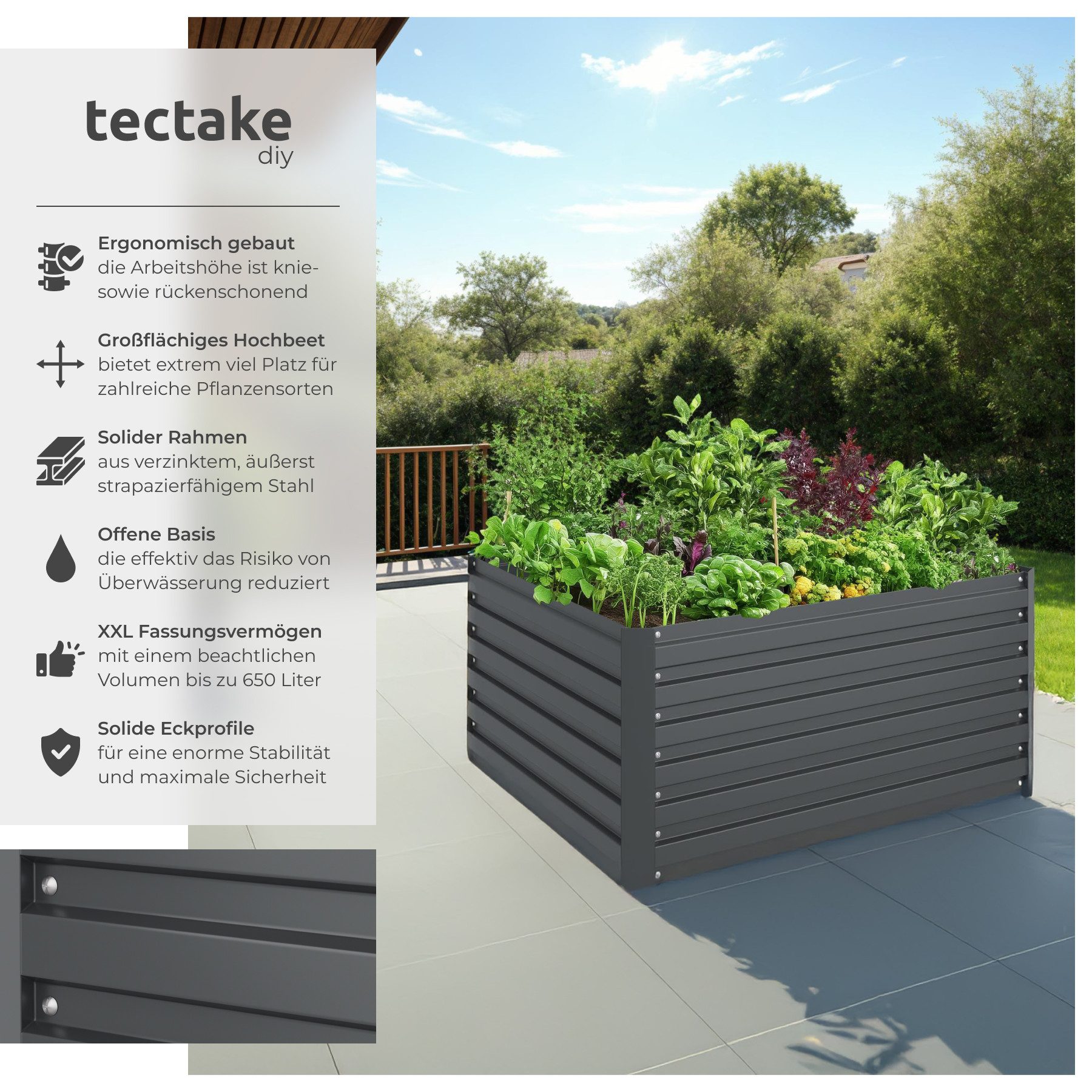 tectake Hochbeet Pflanzenkasten Blomma, 650l, verzinkt, günstig online kaufen