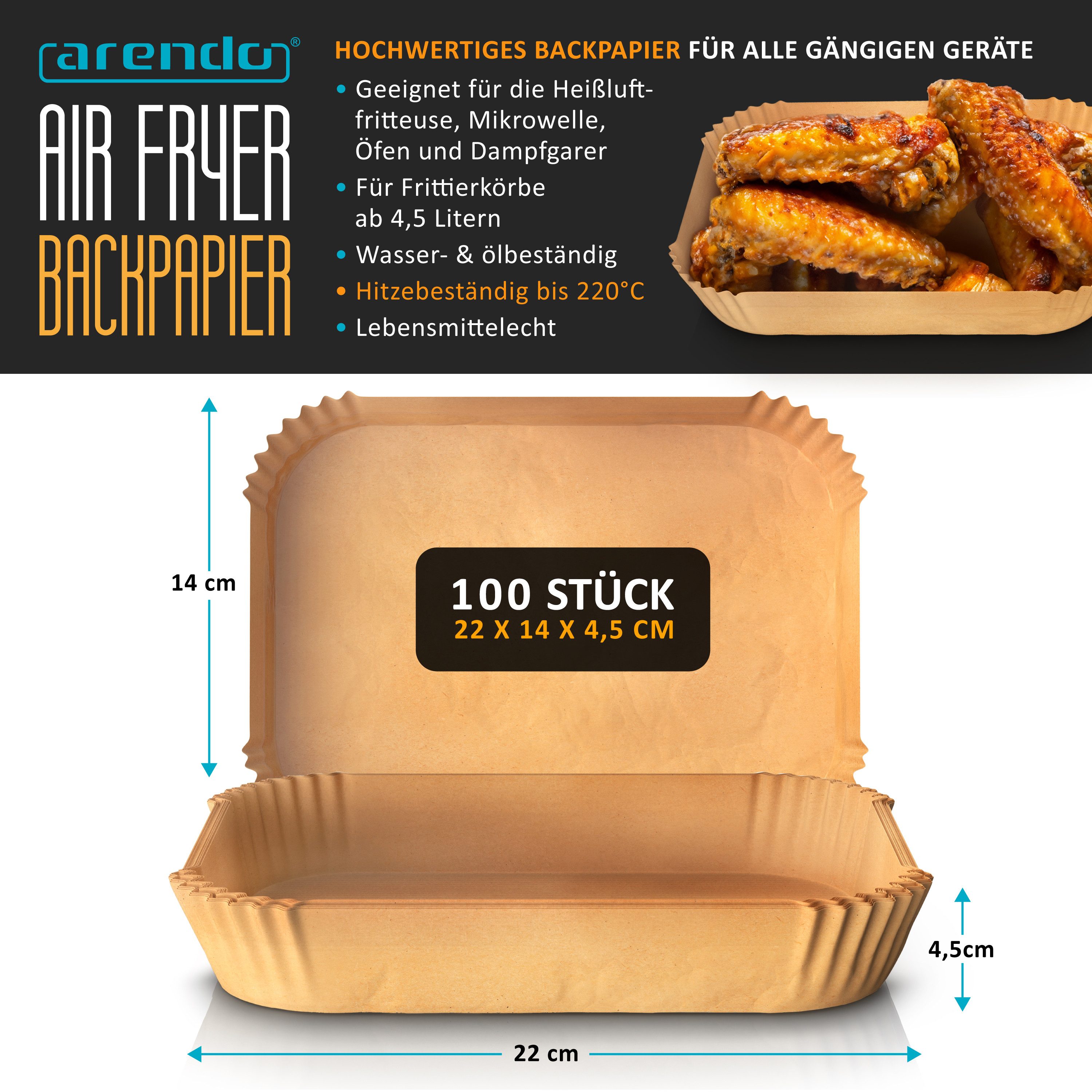 Arendo Backpapier für Heißluftfritteuse 4,5 - 10 L, 100 St., 22 x 14 x 4,5 cm, Antihaft, ungebleicht, wasser- und ölbeständig, für Airfryer, Ofen, Mikrowelle