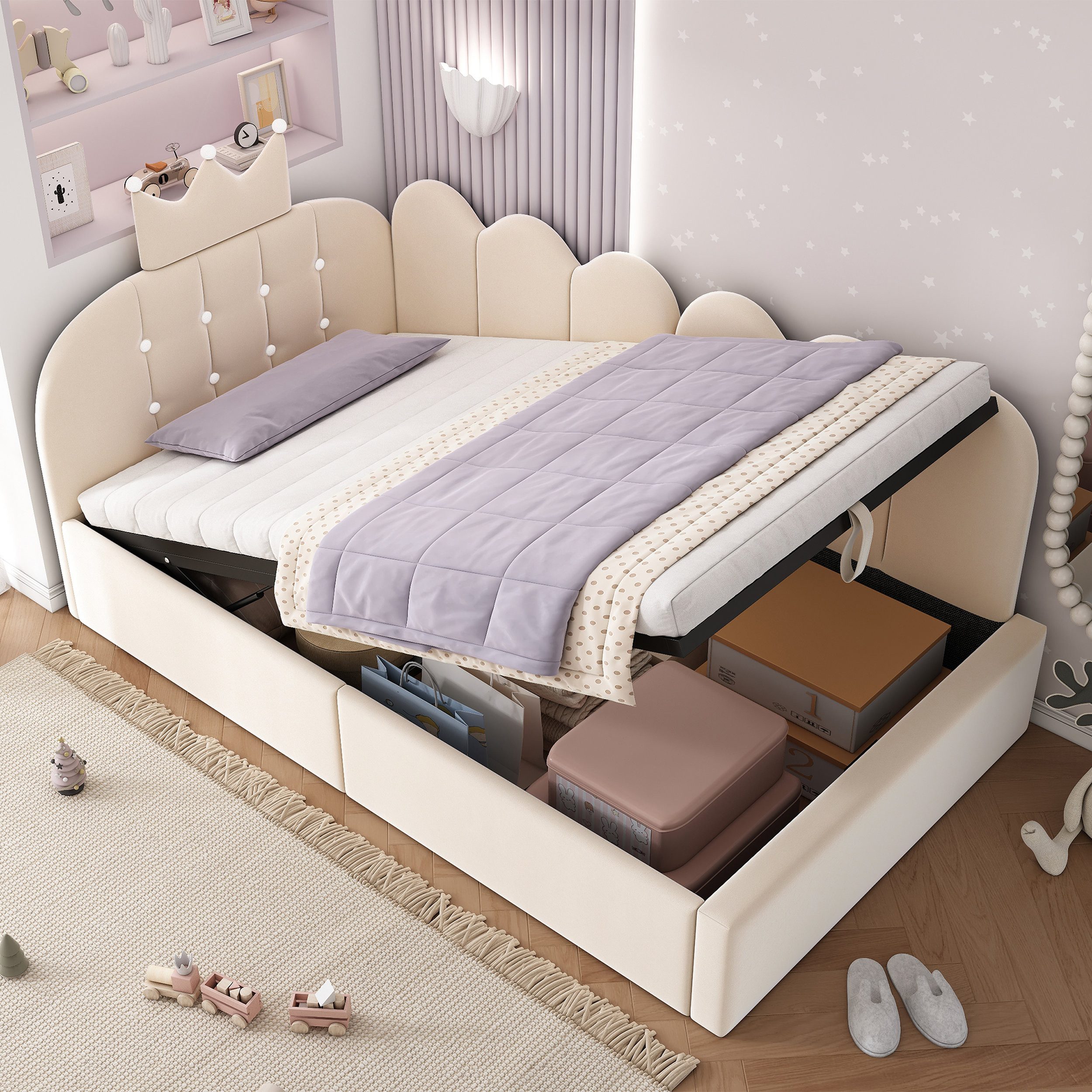 Odikalo Schlafsofa Schlafcouch 90x200 90x190 Polsterbett mit Bettkasten, Samt, mit Stauraum (hydraulisch),Gästebett L-Form Samt mit Kronen-Gitter-Design, ohne Matratze