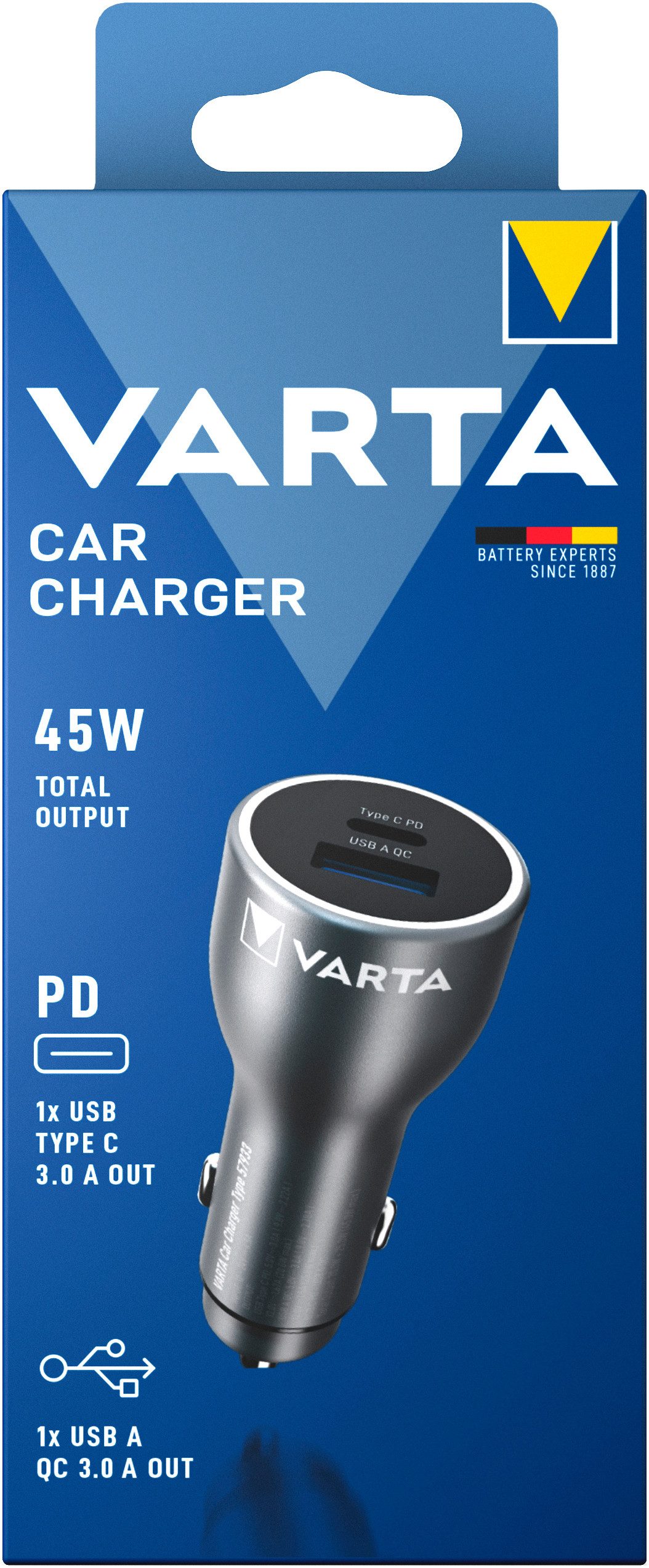 VARTA 45 Watt Output 1x USB-A / 1x USB-C PD Autobatterie-Ladegerät