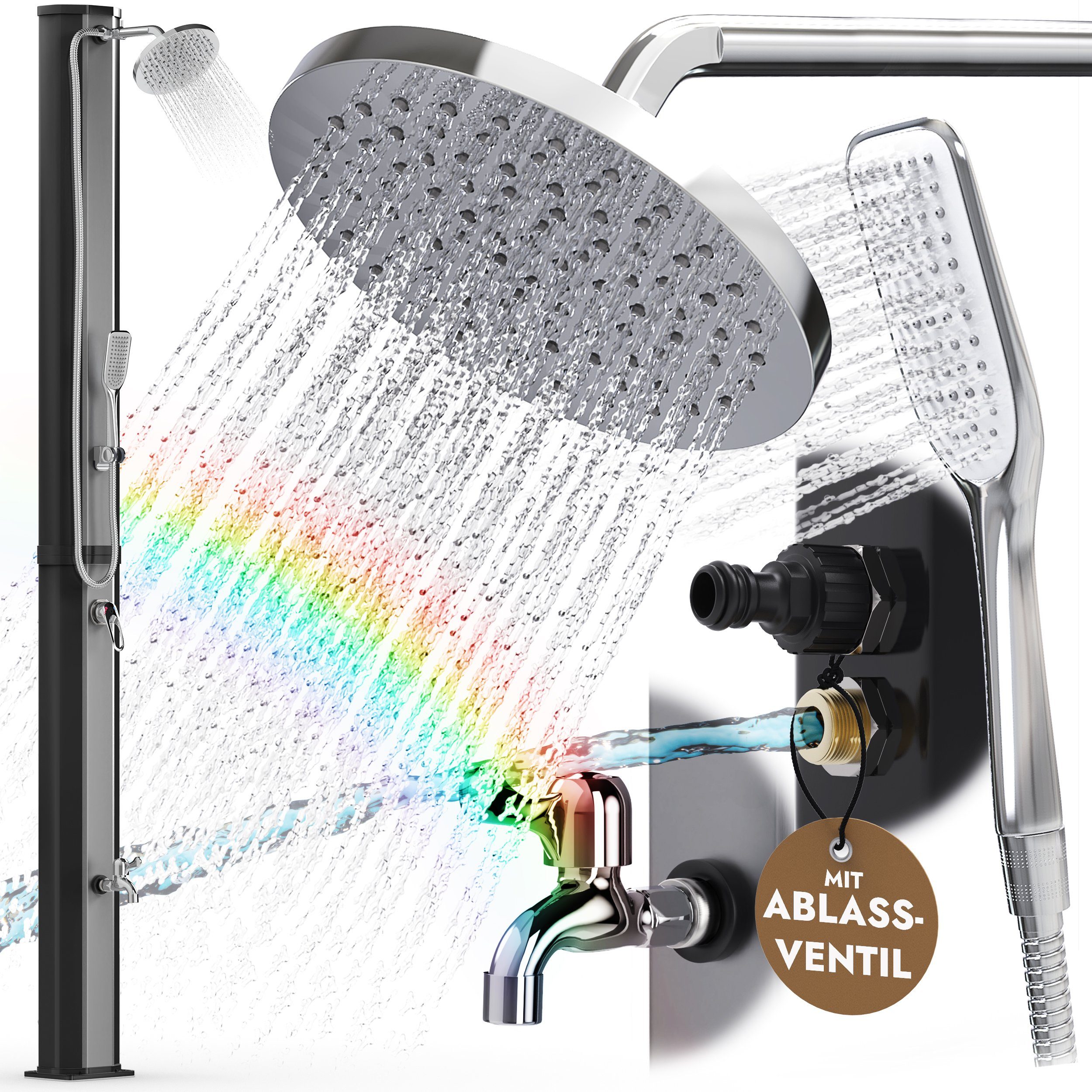dirks-traumbad Gartendusche mit Handbrause Pool 35l Dusche Sauna Aussendusche Edelstahl (Ablasschraube, Fußdusche und Regendusche), Sauna Dusche Pooldusche