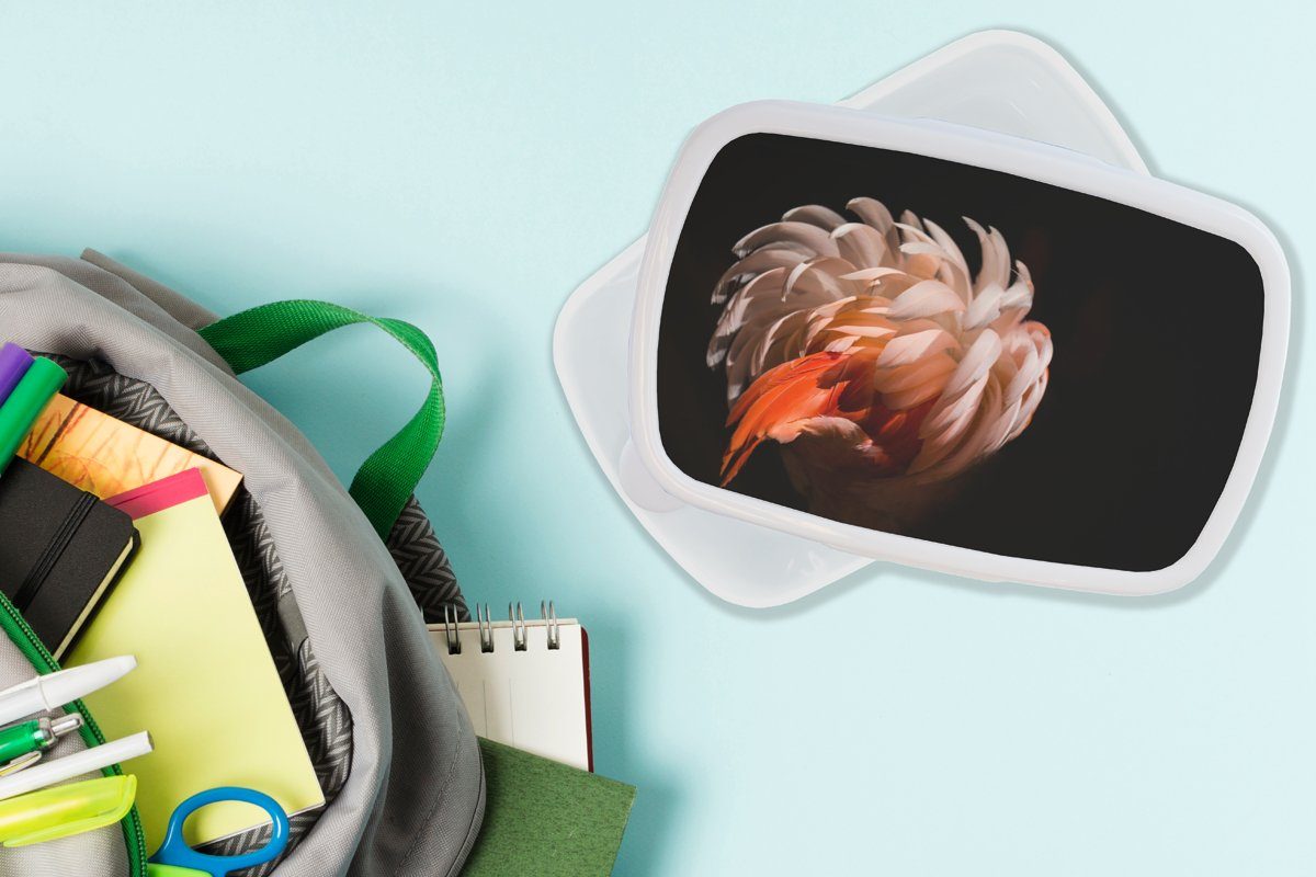 Licht - Lunchbox Jungs Mädchen Kunststoff, MuchoWow Federn Brotdose, für - und Kinder Makro, (2-tlg), für und - Flamingo weiß Brotbox Erwachsene,