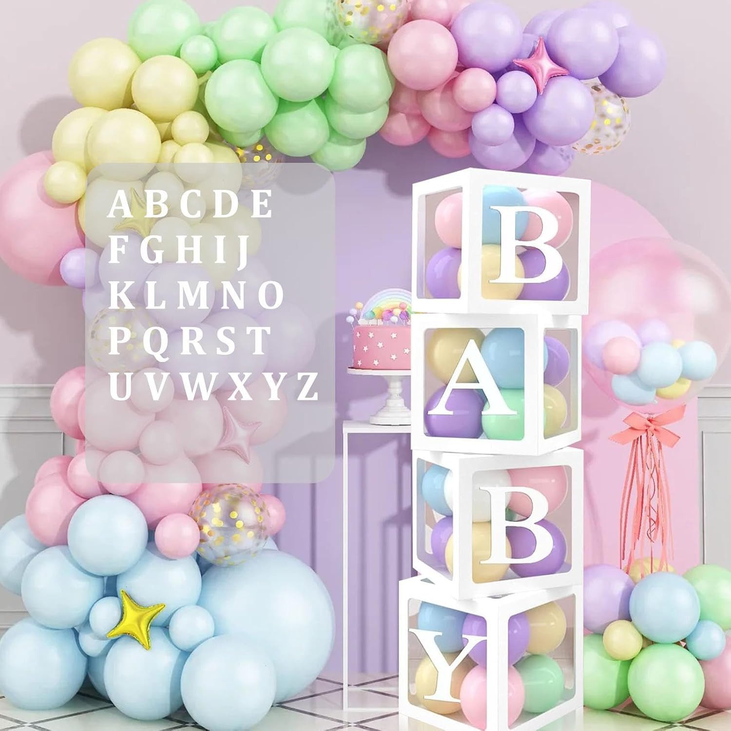 FANNOU Papierdekoration Babyparty Dekoration Ballonboxen - 4Pcs Transparente Luftballon Boxen, für Baby Shower, Geburtstag Party Hintergrund, DIY Namenskombination