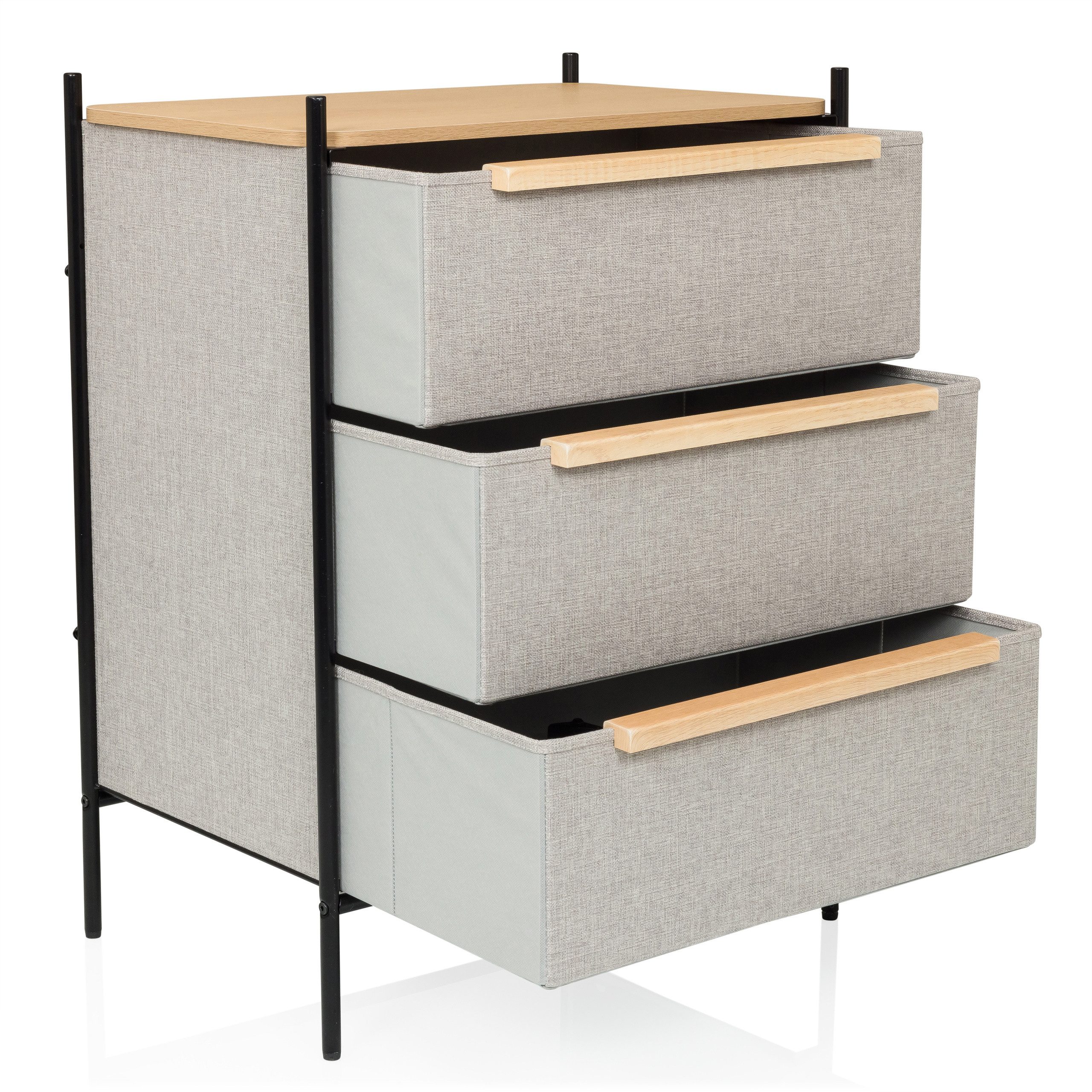 hjh LIVING Kommode STUVAR Sideboard H/B/T: 79.0 x 58.0 x 39.0 cm, Schubladenkommode mit 3 Stoff-Schubladen, Metallgestell, Holzgriffe