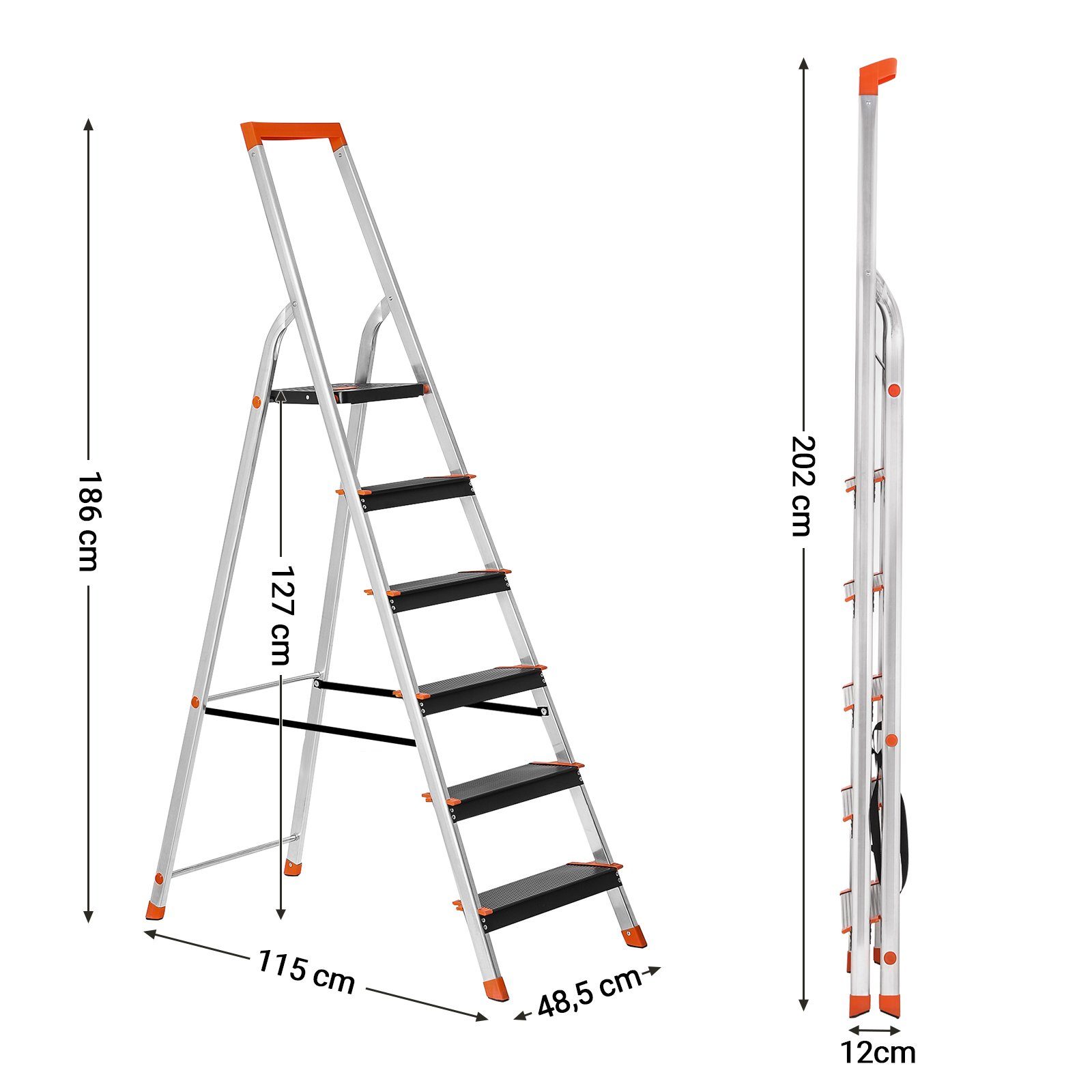 SONGMICS Trittleiter, Leiter, 6 Stufen, Aluleiter, mit Werkzeugschale, bis 150 kg