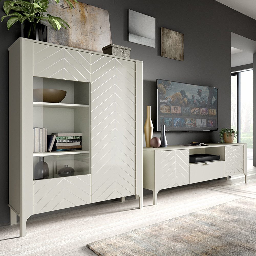 Lomadox Wohnwand MAZARA-161, (2-St., Lowboard Highboard), Wohnzimmermöbel mit Fischgrät Dekor, Push-to-Open, Softclose-Funktion