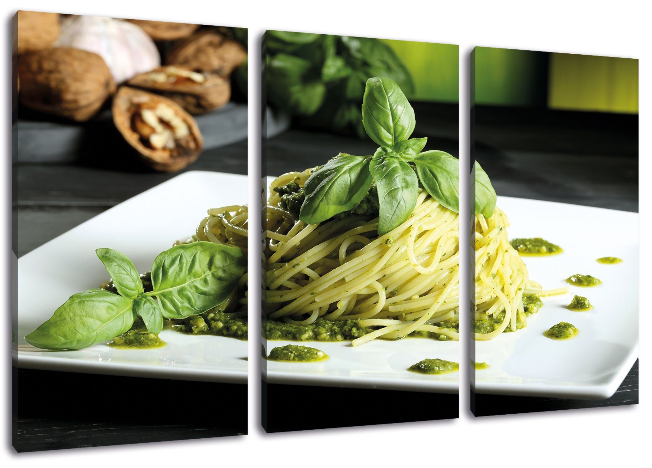 Pixxprint Leinwandbild Spaghetti mit grünem Pesto, Spaghetti mit grünem Pesto 3Teiler (120x80cm) (1 St), Leinwandbild fertig bespannt, inkl. Zackenaufhänger