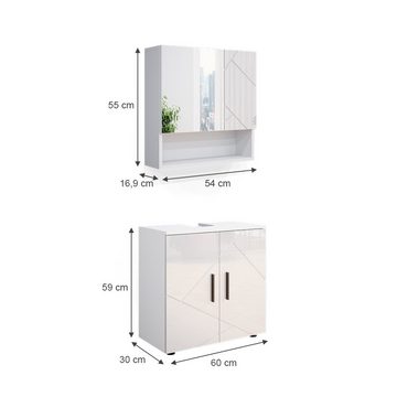 Vicco Badmöbel-Set Irma, Weiß Hochglanz, 2 Teile, Unterschrank 60 cm, (3-er Set, 2-St., Spiegelschrank,Waschbeckenunterschrank,Badschrank)