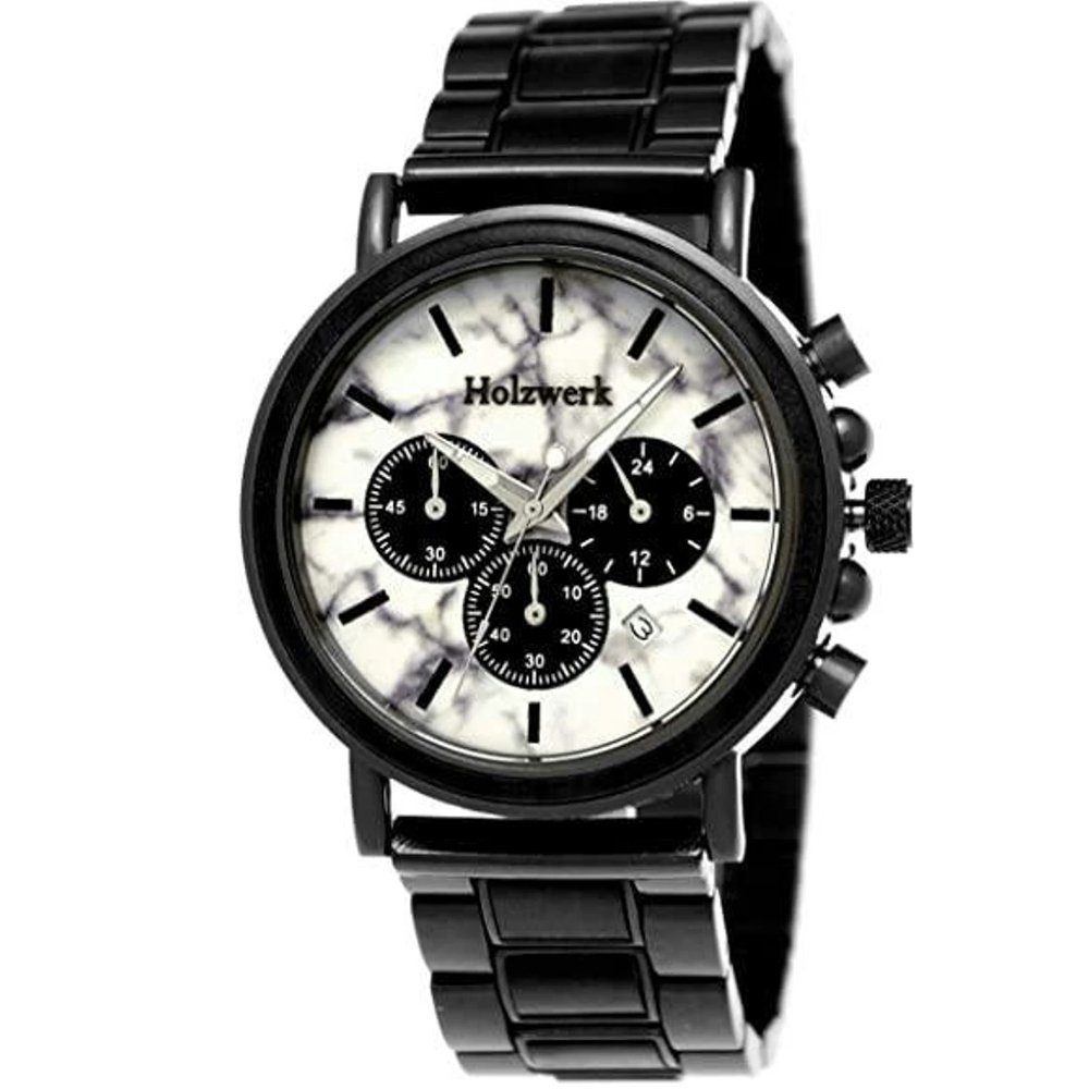 & Holzwerk Armband Edelstahl BERCHING Holz weiß Uhr in schwarz, Chronograph Herren