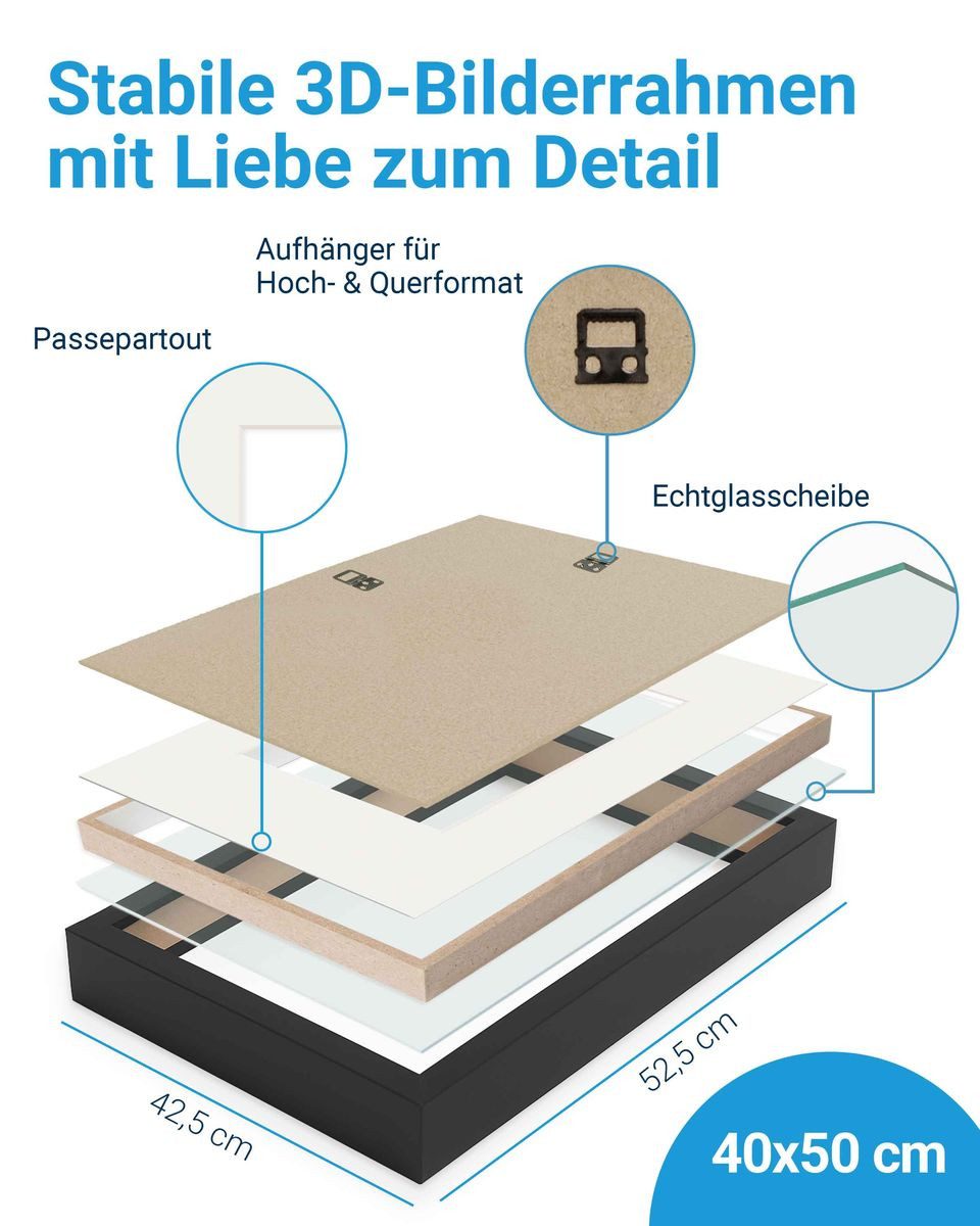 PHOTOLINI Bilderrahmen 3D-Objektrahmen tief zum Befüllen mit Glasscheibe, für 1 Bilder (1 Einzelrahmen), tiefer Rahmen 40x50 cm mit Passepartout für Objekte bis 3 cm Tiefe