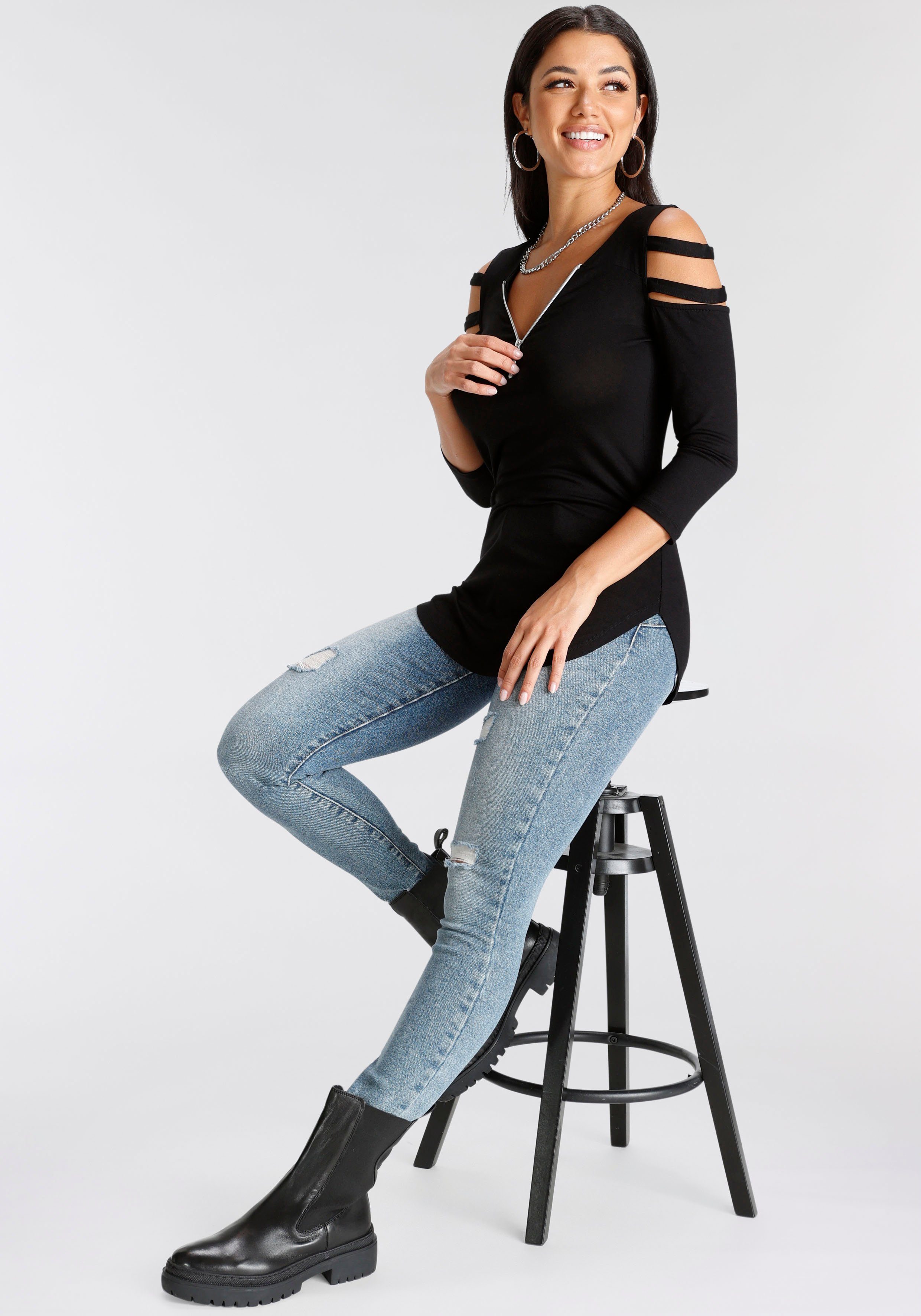 Melrose 3/4-Arm-Shirt 3/4-Ärmel, figurbetonte Passform, mit modischen Cut-Outs