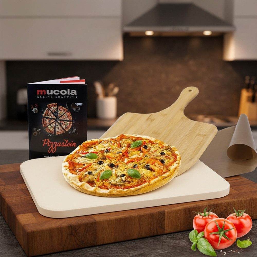 Mucola Pizzastein Pizzastein SET 4tlg. Backstein Steinofen 30x38cm Cordierit, Cordierit, (Set, 4-St., Backstein aus Cordierit, Schaufel, Rezeptbuch und Backpapier), Geruchlos, nicht verformend