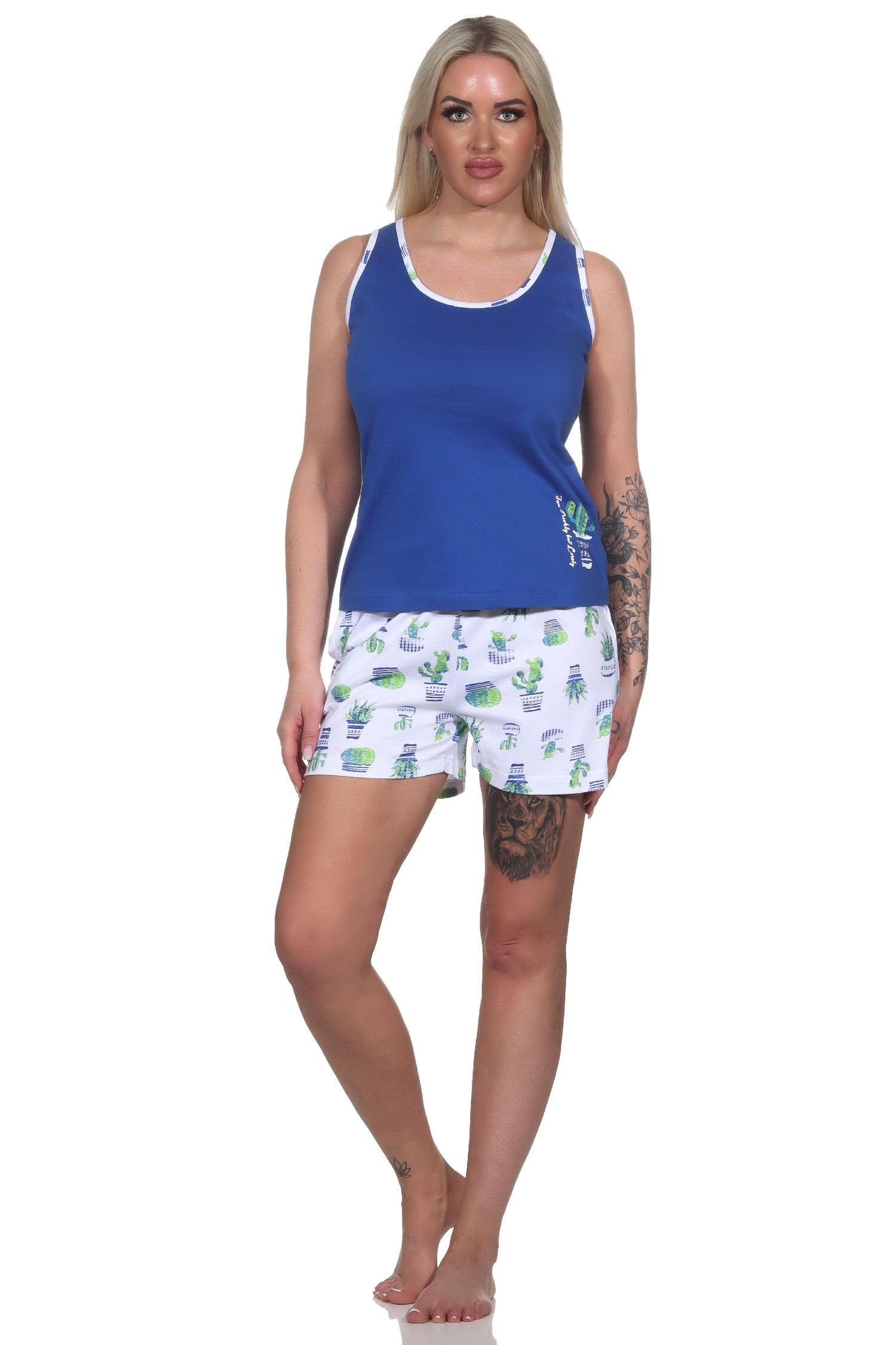 blau als Kaktus Pyjama Motiv Ärmelloser Normann mit Pyjama Schlafanzug Damen Shorty