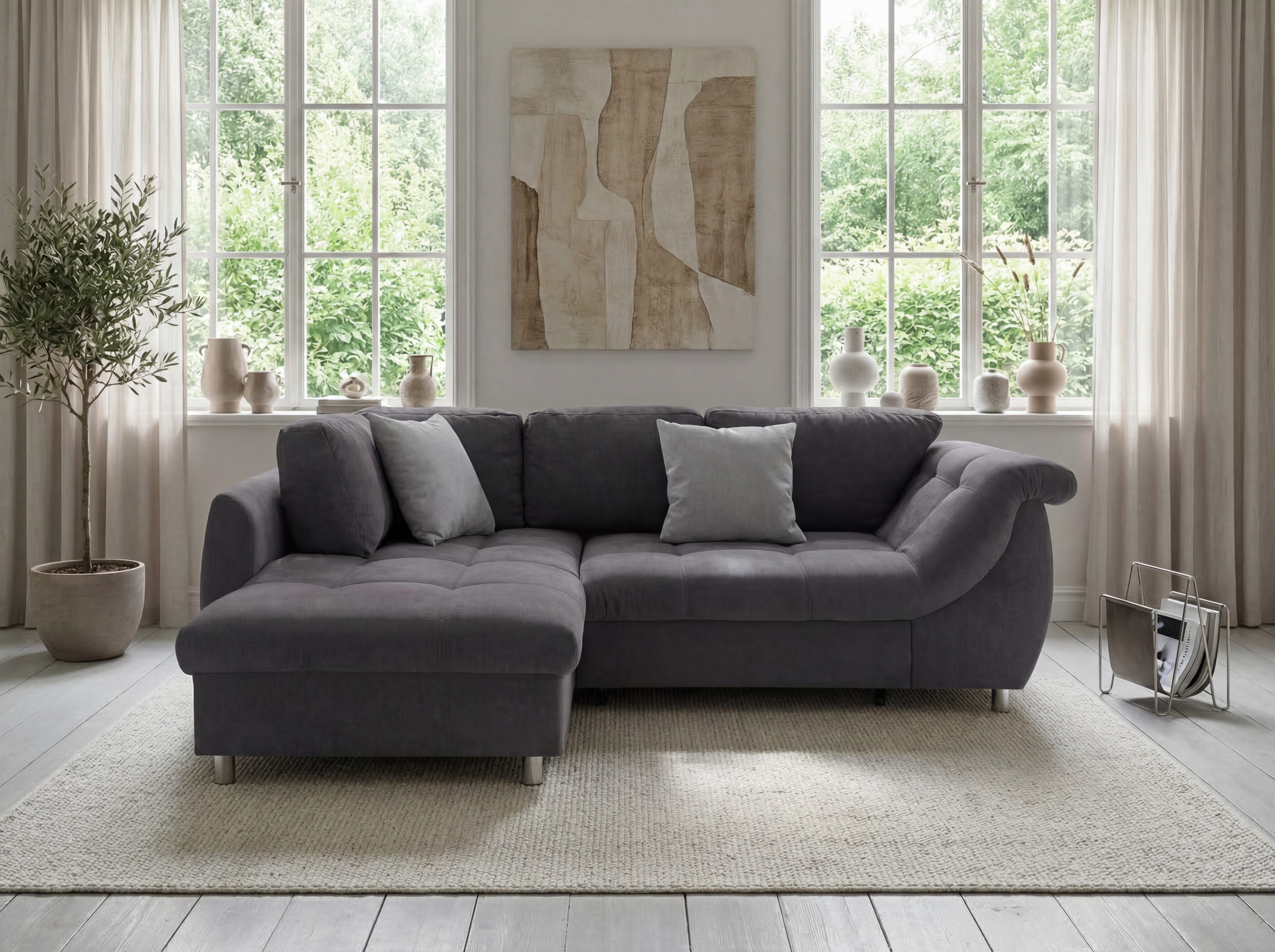 luma-home Ecksofa 17008, mit Bettfunktion B250/T190/H84 cm, Liegefläche 179x190 cm, Ottomane links, Wellenunterfederung, Mikrofaser Anthrazit