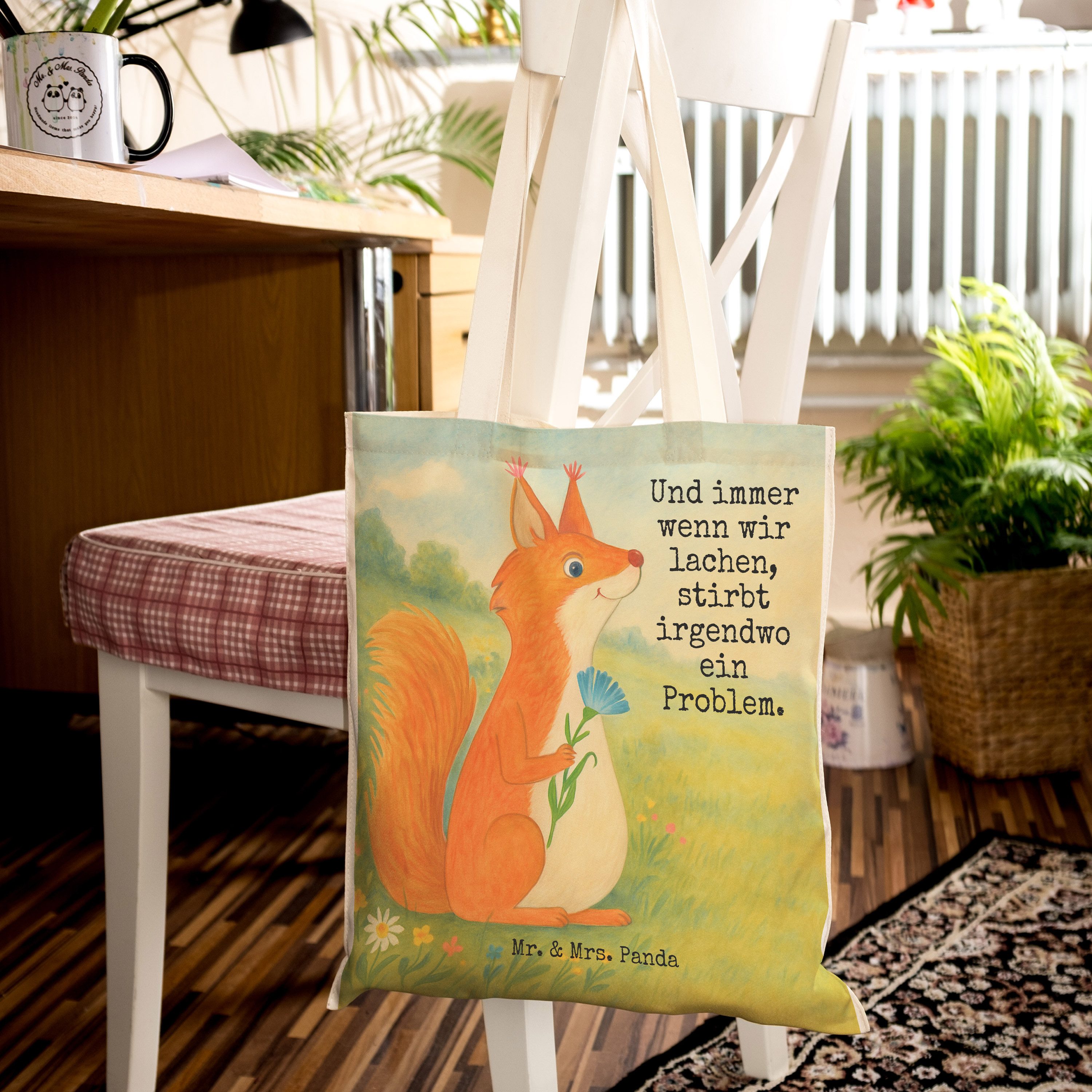 Mr. & Mrs. Panda Tragetasche Eichhörnchen Blume Design, shopping bag, Weiß, Spaß, Motivation Sprüc (Packung), Beutel Tasche Stoffbeutel mehrzwecktasche