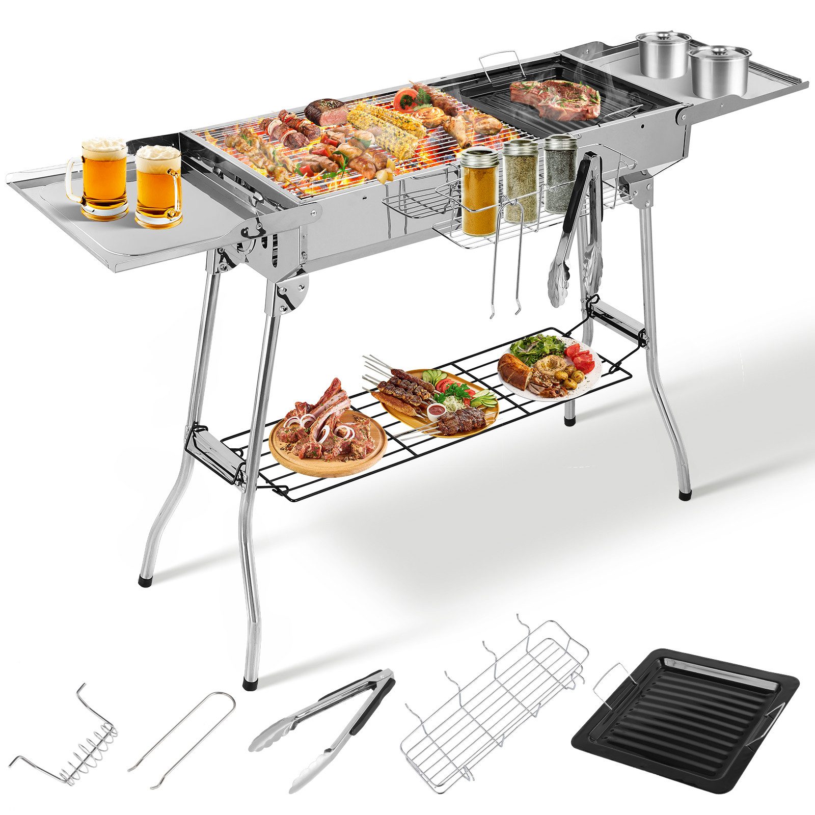 TLGREEN Holzkohlegrill BBQ Charcoal Grill mit Antihaft-Pfanne, Klappgrill Edelstahl mit gusseisenpfanne,Tragbar Camping Grill