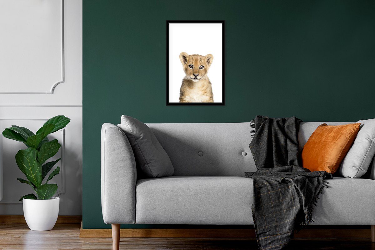 MuchoWow Poster Wandposter, Wanddeko, Gerahmtes (1 Löwe Tiere Poster, - Bilderrahmen - Bilder, Natur St), Weiß, - Schwarzem