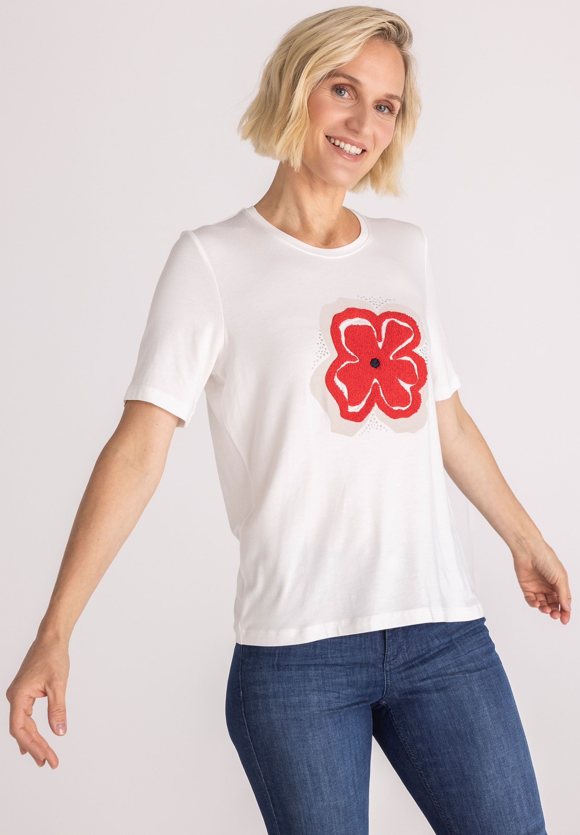 FRANK WALDER T-Shirt mit floraler Strickerei