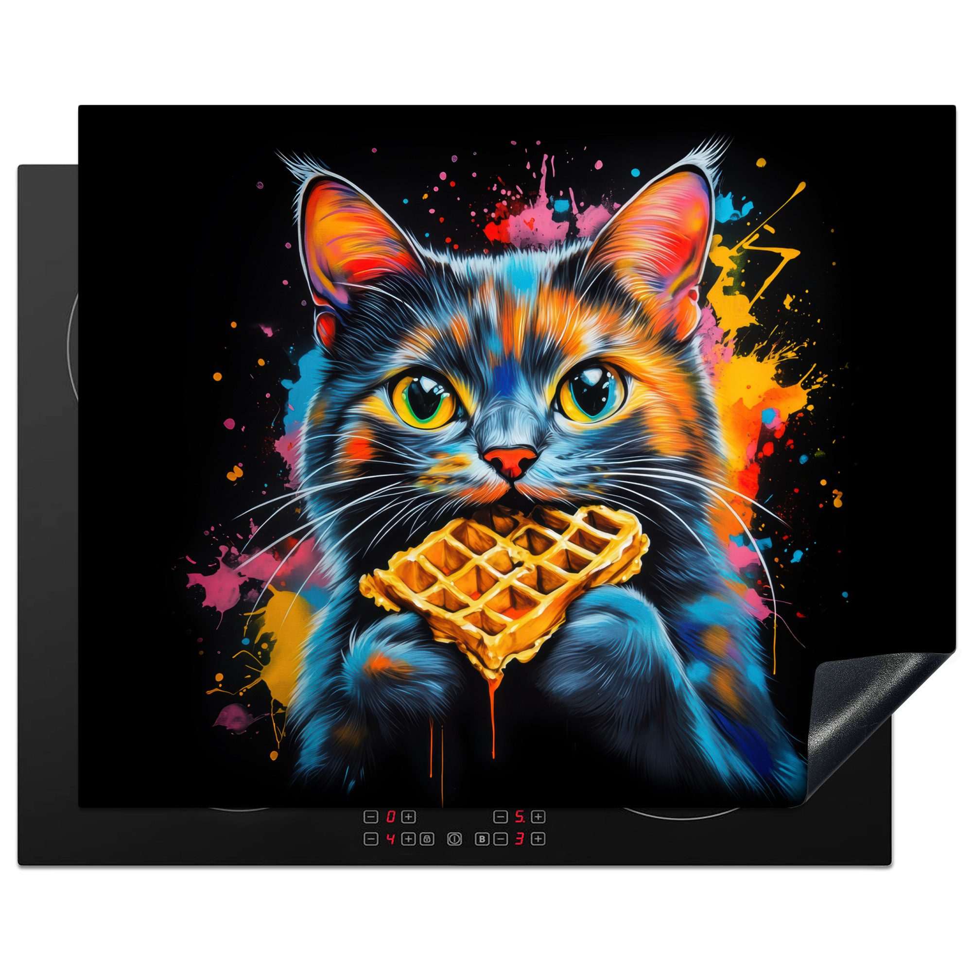 MuchoWow Herd-Abdeckplatte Katze - Graffiti - Bunt - Waffel - Essen, Vinyl, (1 tlg), Herdabdeckplatten für Ceranfeld, Induktionsschutz, 65x55 cm