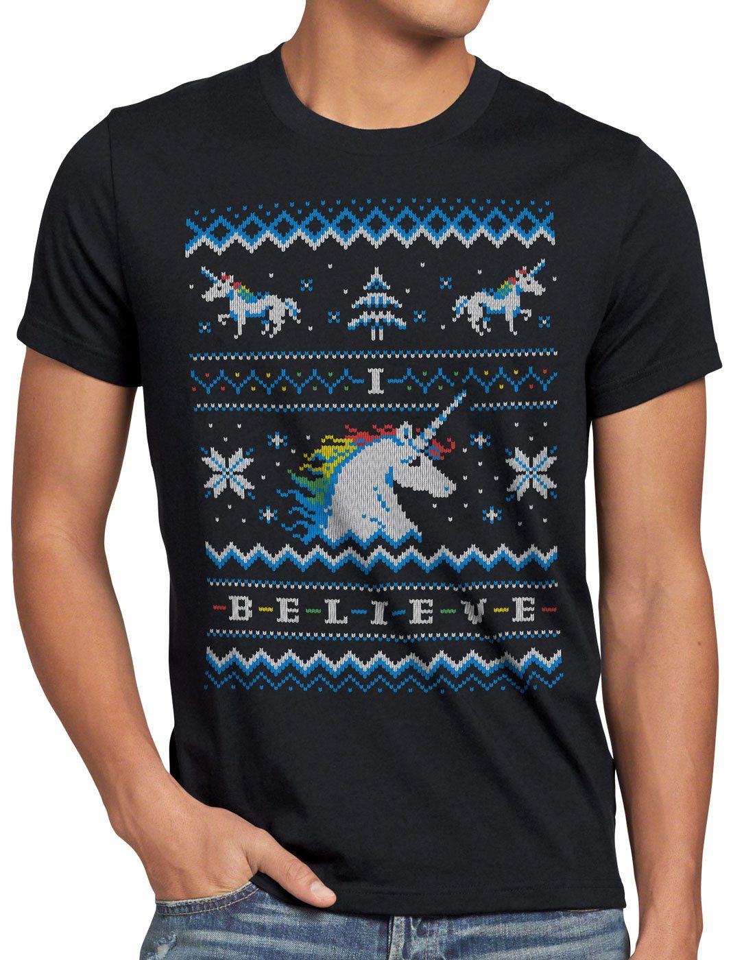 style3 Print-Shirt Herren T-Shirt Believe Einhorn Ugly Sweater fantasie rainbow x-mas pulli weihnachten