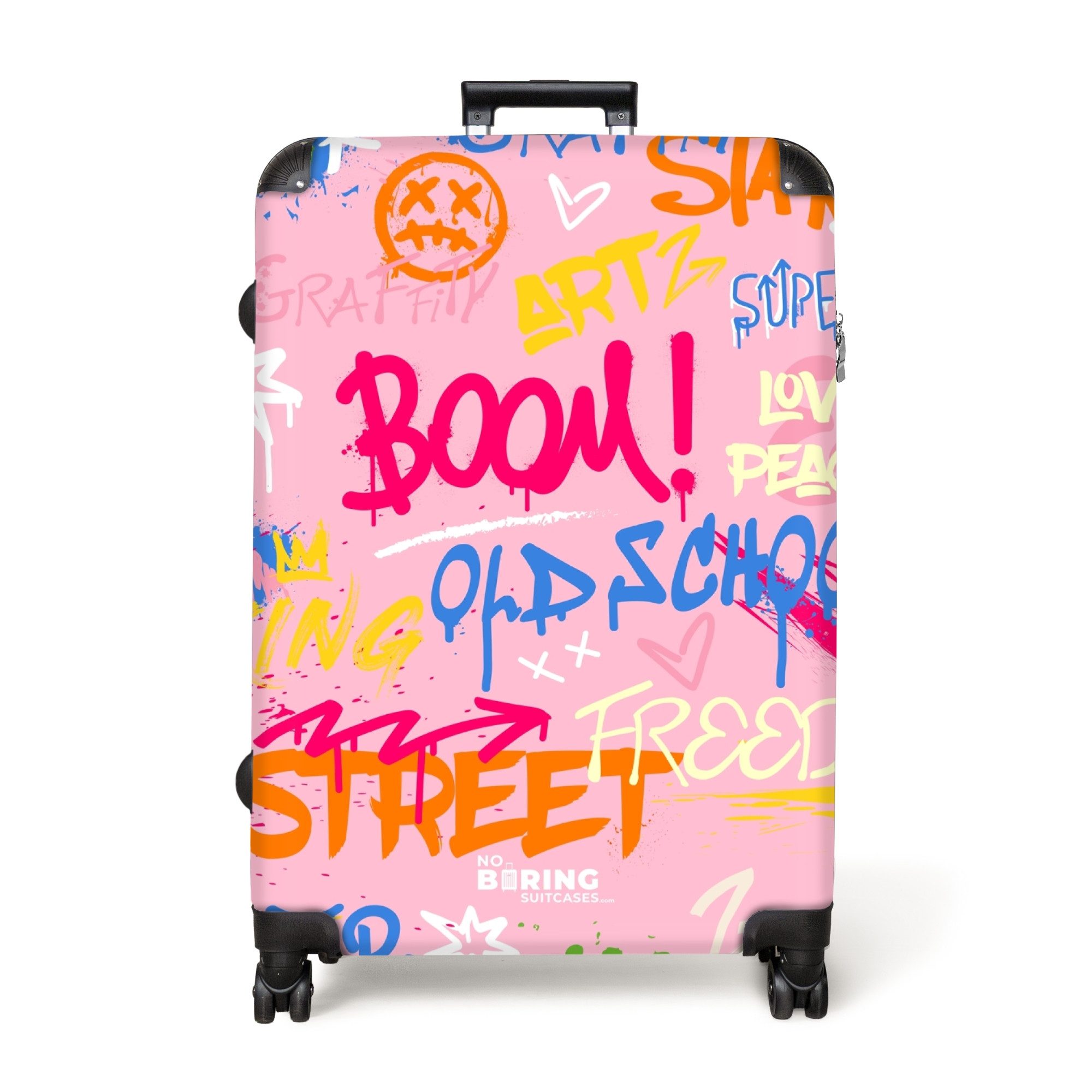 NoBoringSuitcases.com© Hartschalen-Trolley Rosa Hintergrund mit buntem günstig online kaufen