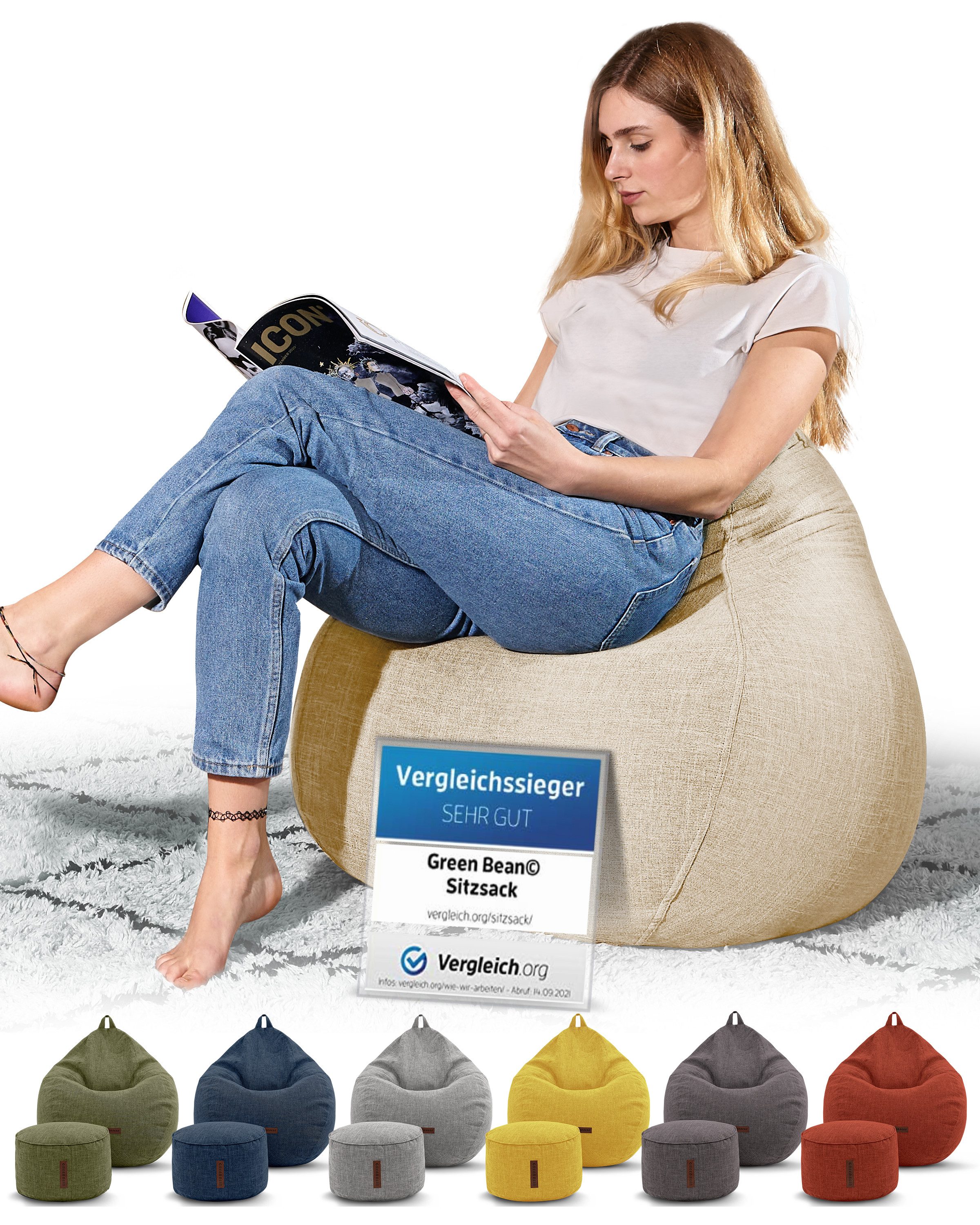 Green Bean Sitzsack Indoor Sitzsack L Home Linen + Hocker (2er Set Indoor Sitzsack 80x90x50cm + Sitzpouf 45x25cm mit EPS-Perlen Füllung -, Fußhocker Fußkissen Sitz-pouf Bodenkissen Liegekissen), Sitzkissen Lounge Chair Sitzhocker Relax-Sessel Bean Bag
