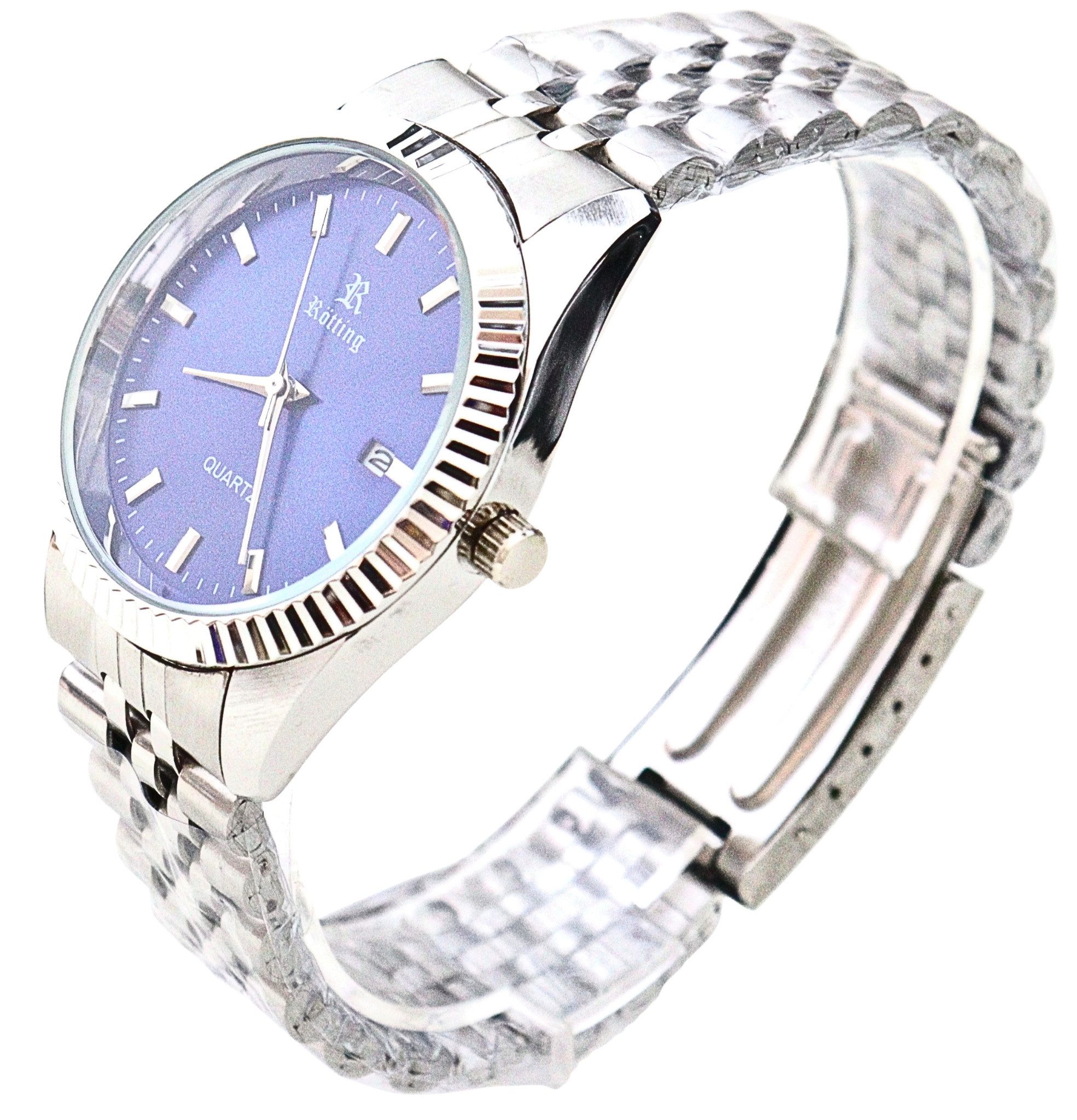 Rötting Design Quarzuhr Herrenuhr Quarz silberfarbene Lünette Ziffernblatt blau metallic DATUM