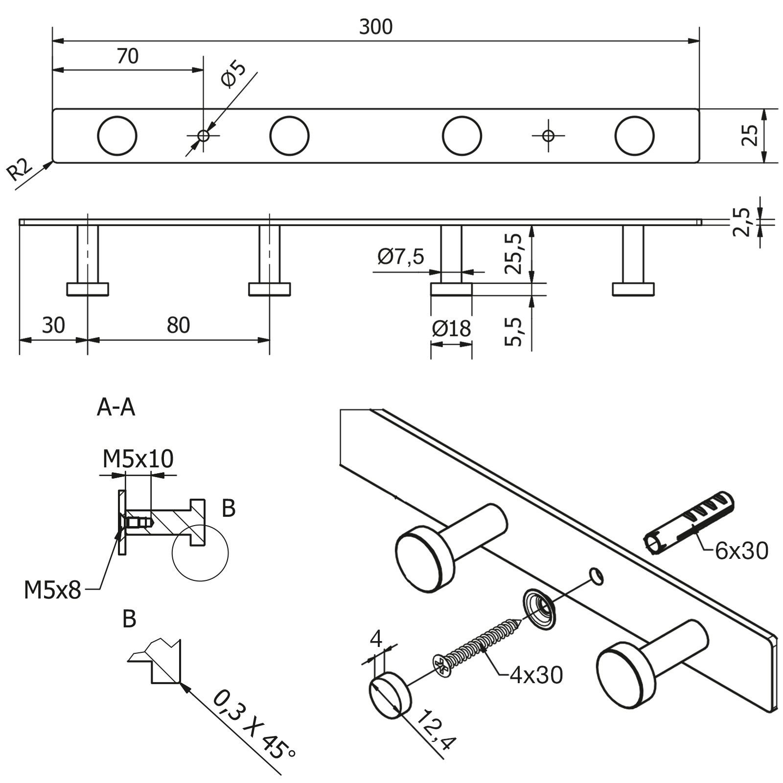 SO-TECH® Garderobenleiste Hakenleiste JOEL echt Edelstahl Garderobenhaken Wandhaken (1 St), mit 4 Haken - Länge 310 mm – Bild 5 von 5