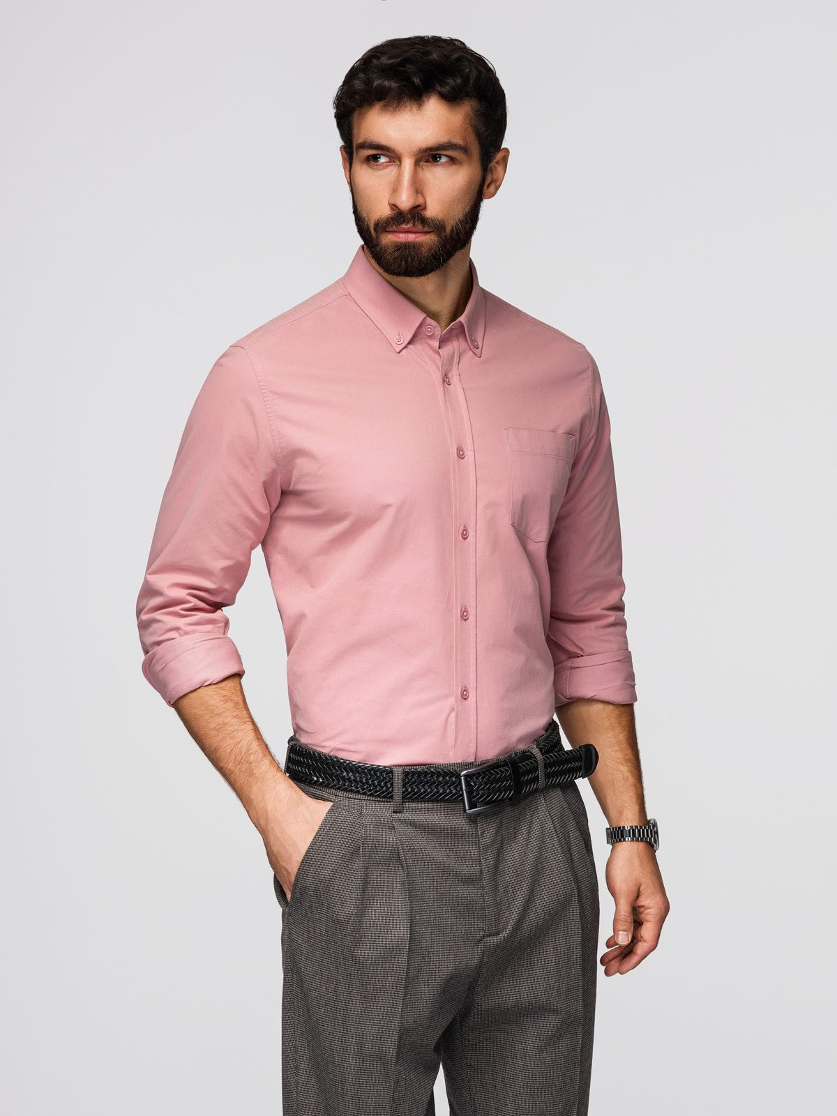 OMBRE Langarmhemd Herren Regular Fit Freizeithemd mit Button-Down Kragen Pink S (kein Set, 1-tlg)