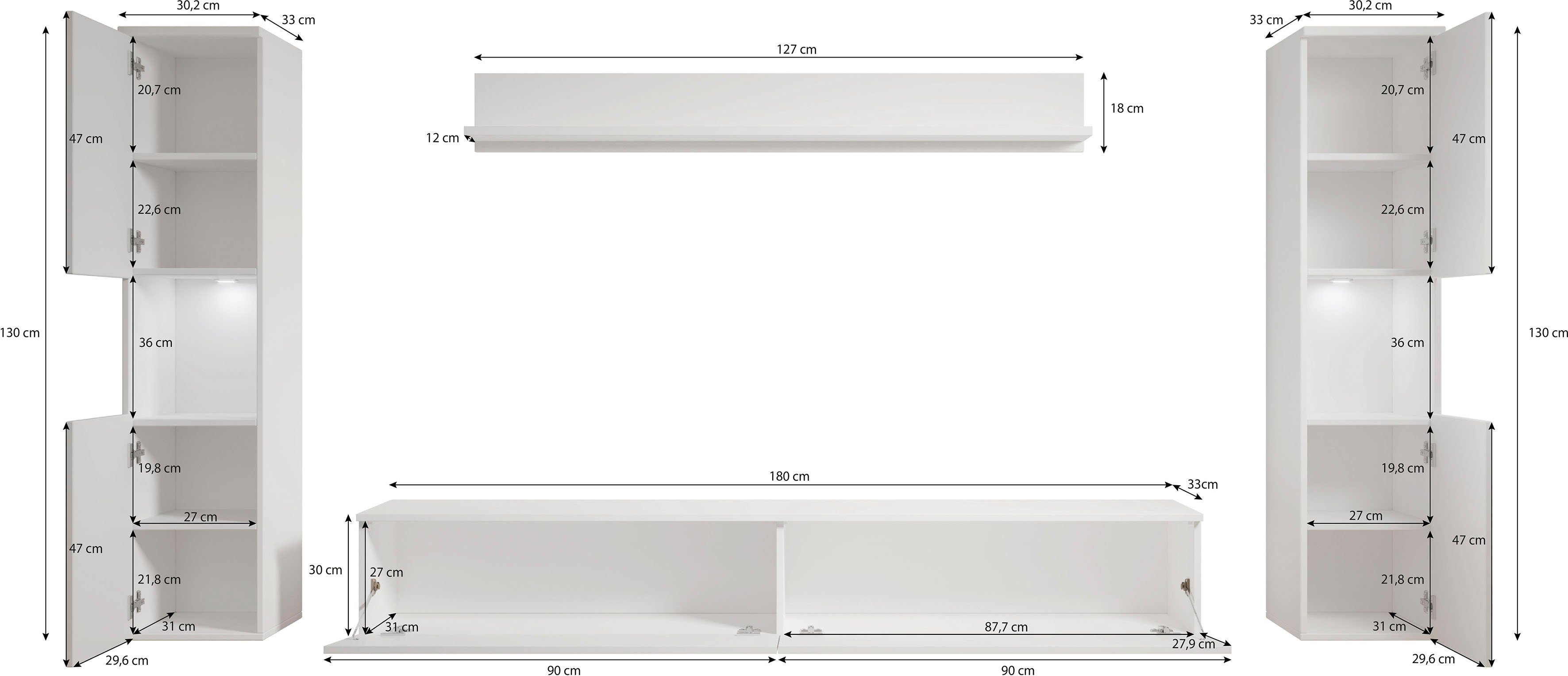 INOSIGN Wohnwand und 4-St), weiss/weiss (Set, Hochglanz PARIS, hängend montierbar stehend