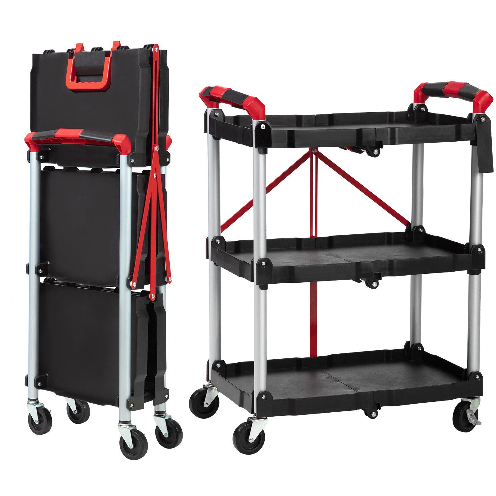 GarveeMore Küchenzeile Klappbarer 3‑Ebenen‑Transportwagen Schwarz‑Dunkelgrau, keine Montage, 360°‑Rädern mit Bremse, bis 75 kg Traglast, Aluminium PP