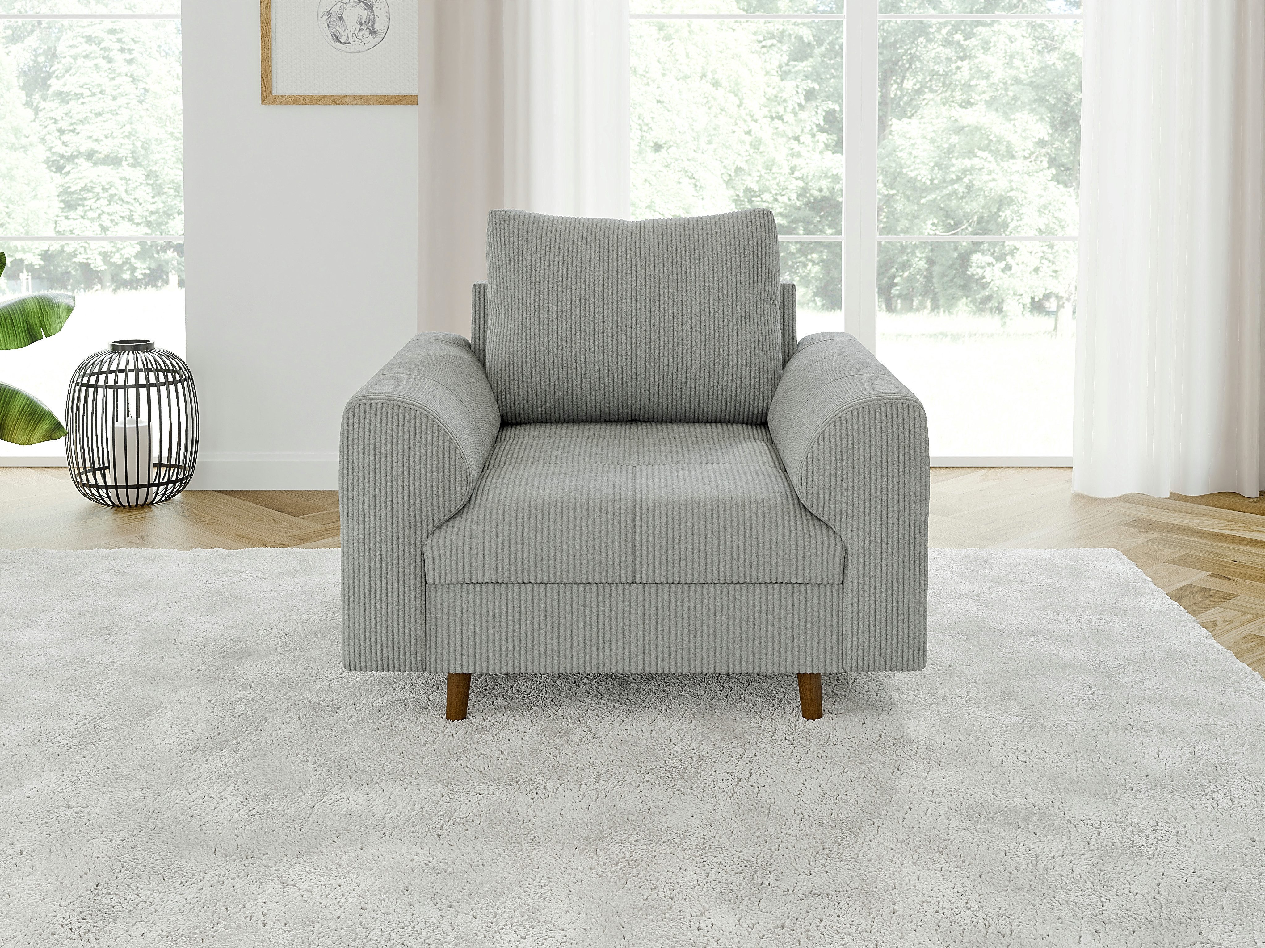 S-Style Möbel Sessel Zara mit Braun Holzfüßen im skandinavischen Stil aus Cord-Stoff, mit Wellenfederung – Bild 3 von 5