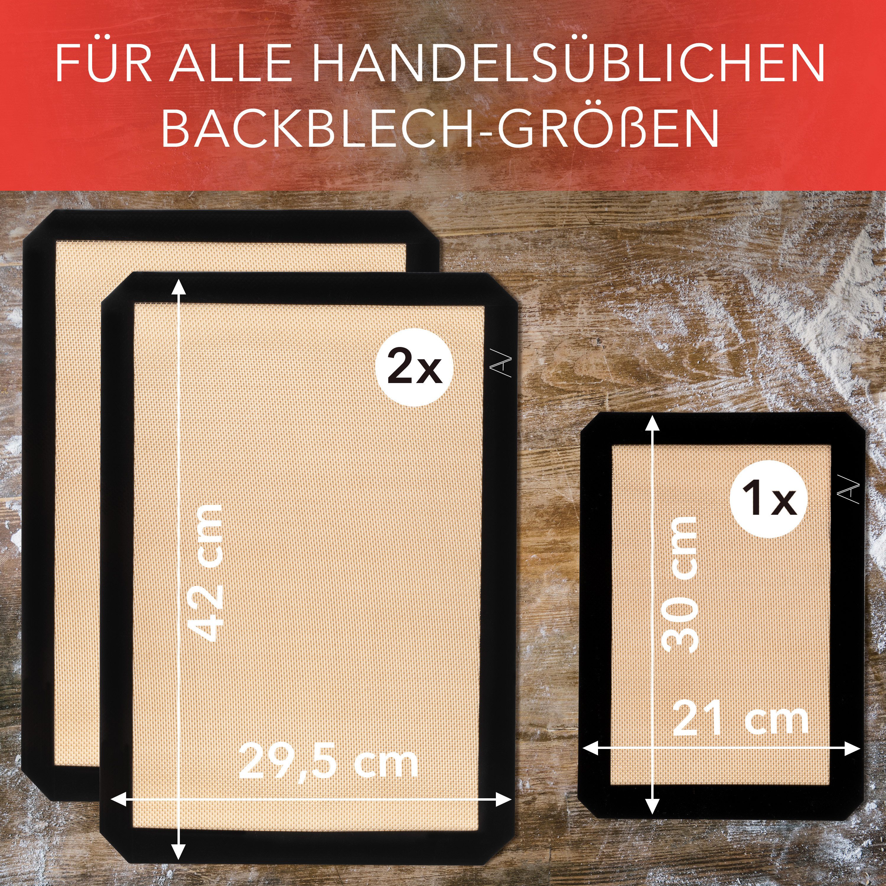 AVANA Backmatte aus Silikon Wiederverwendbare Backfolie Teigmatte Backunterlage, Silikon (3er Set), antihaftbeschichtet, rutschfest, hitzebeständig