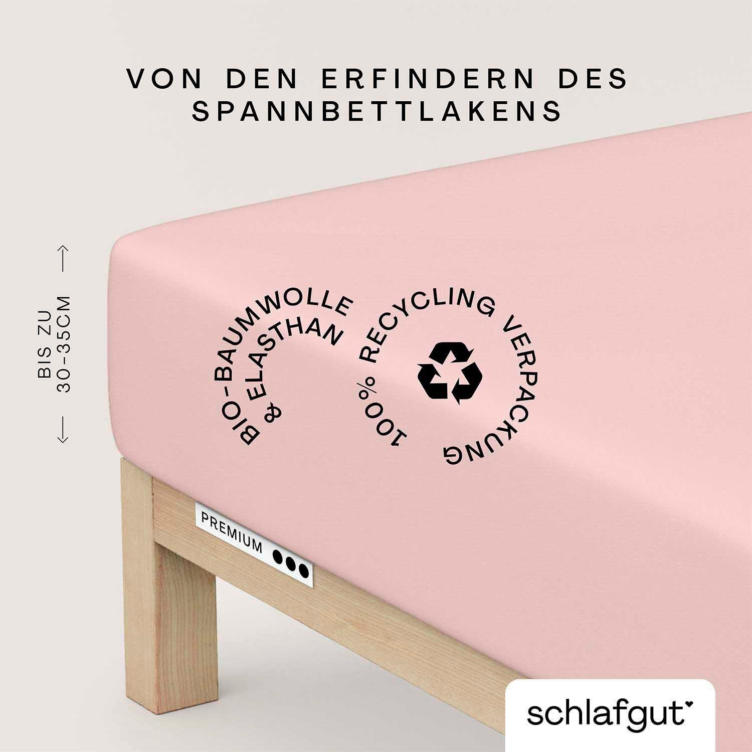 Schlafgut Spannbettlaken PREMIUM Mako-Zwirn-Jersey, 220 g/m², 95% Bio-Baumwolle, 5% Elasthan, Mako-Zwirn-Jersey, Gummizug: rundum, (1 Stück), Bettlaken bis 30 cm Höhe, PREMIUM-Qualität langlebig, perfekter Sitz