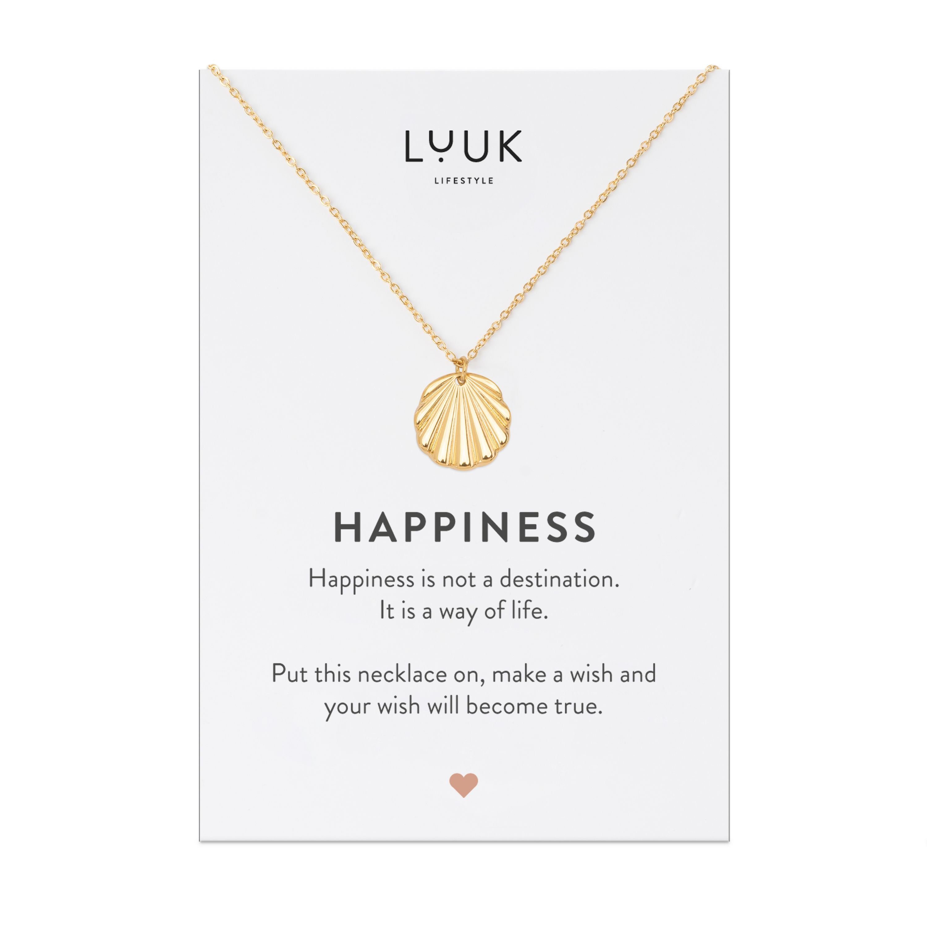 LUUK LIFESTYLE Muschel, Anhänger Geschenkidee Gold Geschenkkarte, Kette HAPPINESS mit