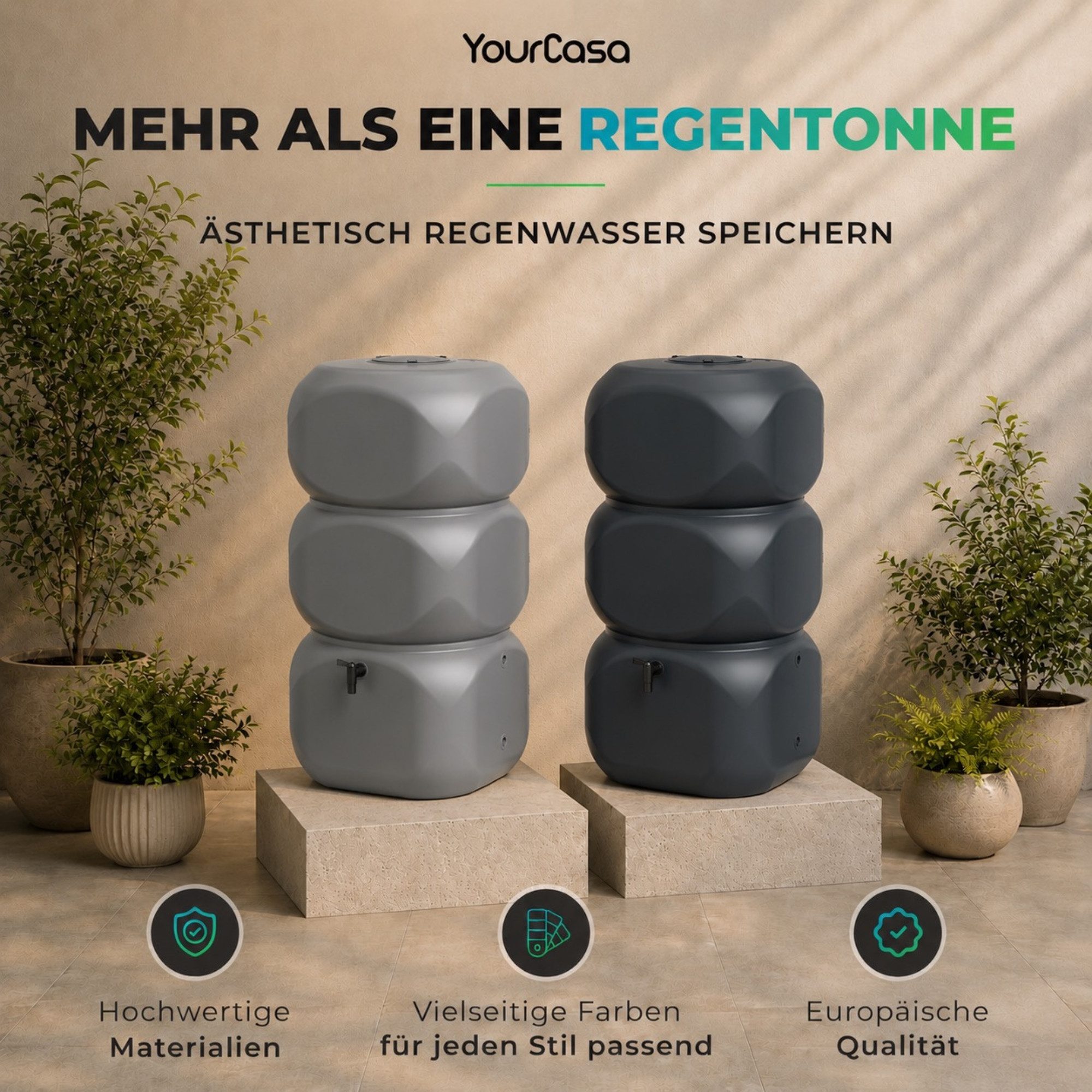 YourCasa Regentonne 320 -350 Liter [Aquablock] Regenfass aus Kunststoff mit Deckel, 320 l, 58x58x118cm, mit Deckel, 5 Anschlüsse