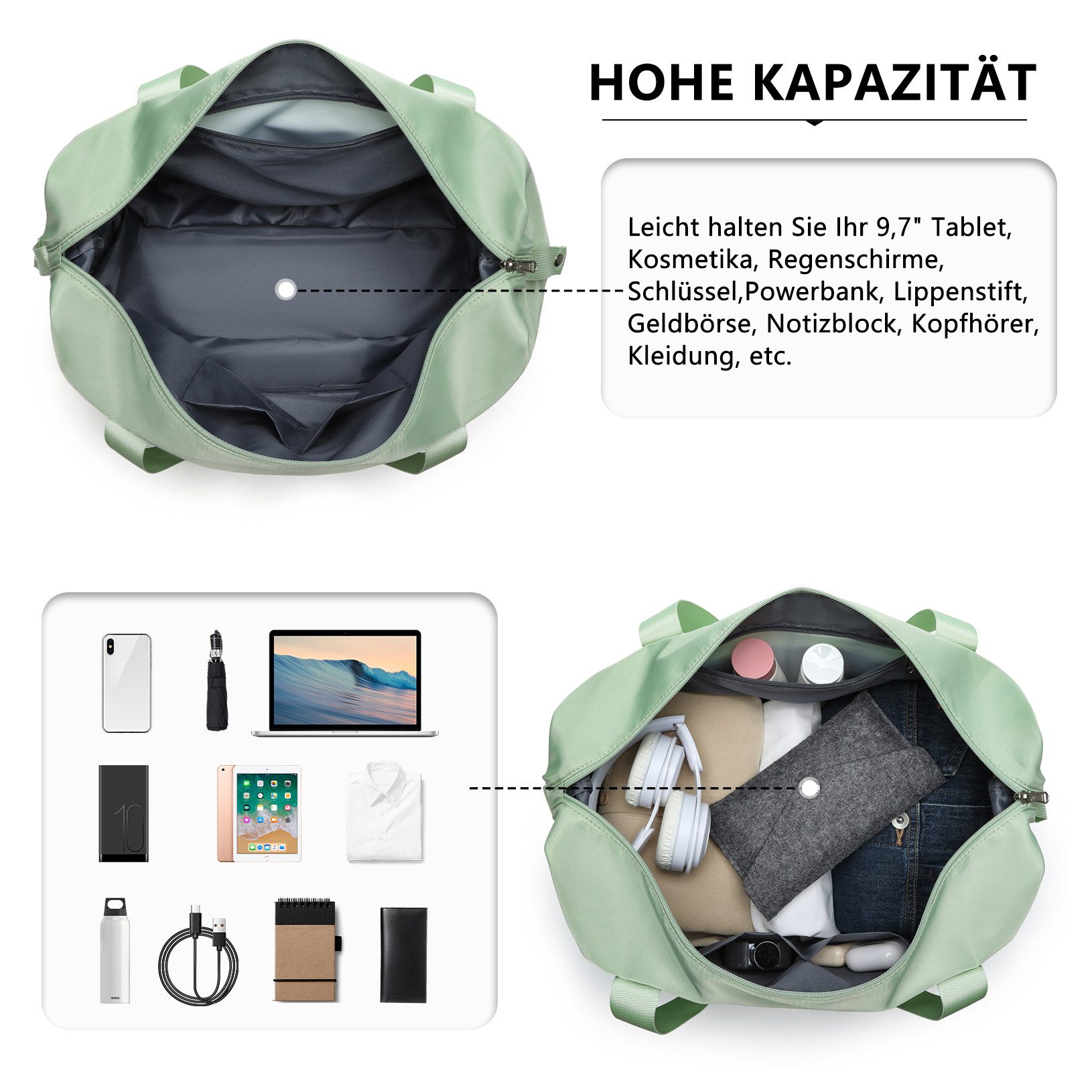 KONO Reisetasche 2-in-1 Set: Erweiterbare Handgepäck-Tasche (36L) + Kosmetiktasche, Praktisches und leichtes Design