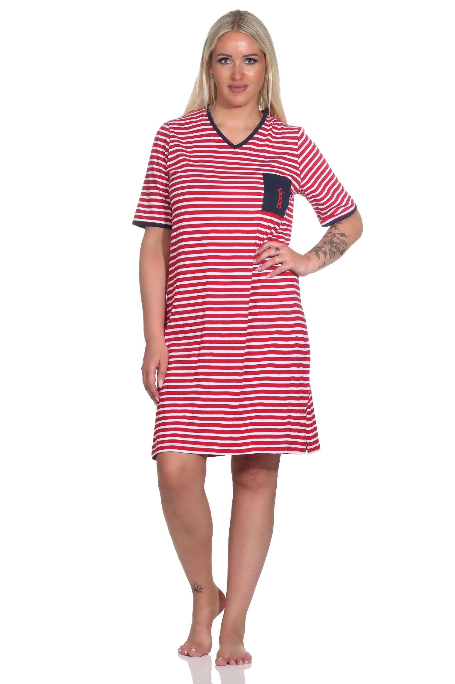 Normann Nachthemd Damen Kurzarm Nachthemd in maritimer Optik und mit Leuchtturm Motiv rot